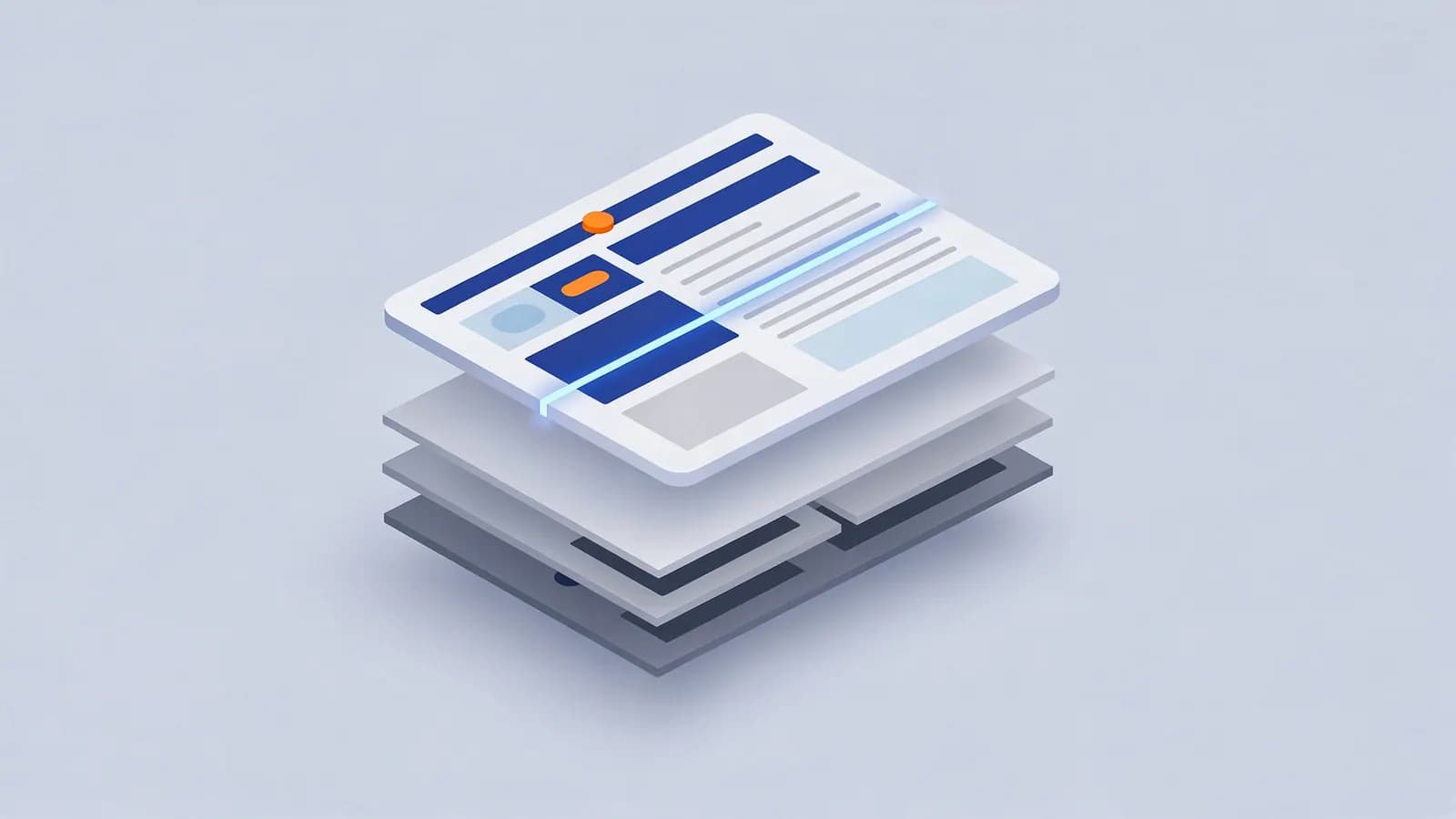 A stack of website layout pages, with the top page highlighted by a scanning line to show content above the fold.