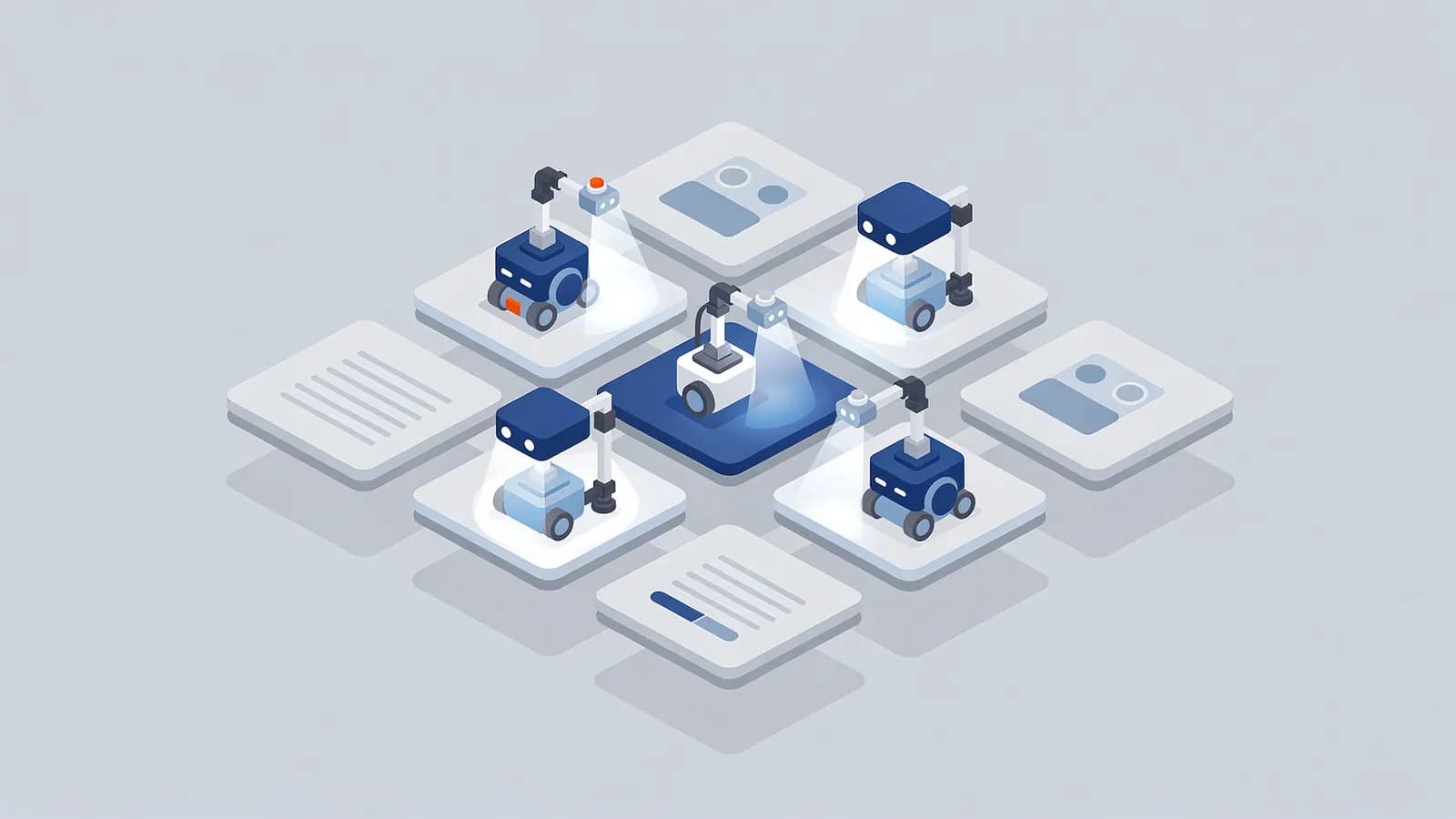 Mobile robots with scanning devices examine various digital documents on a grid, representing AI crawlers extracting data.