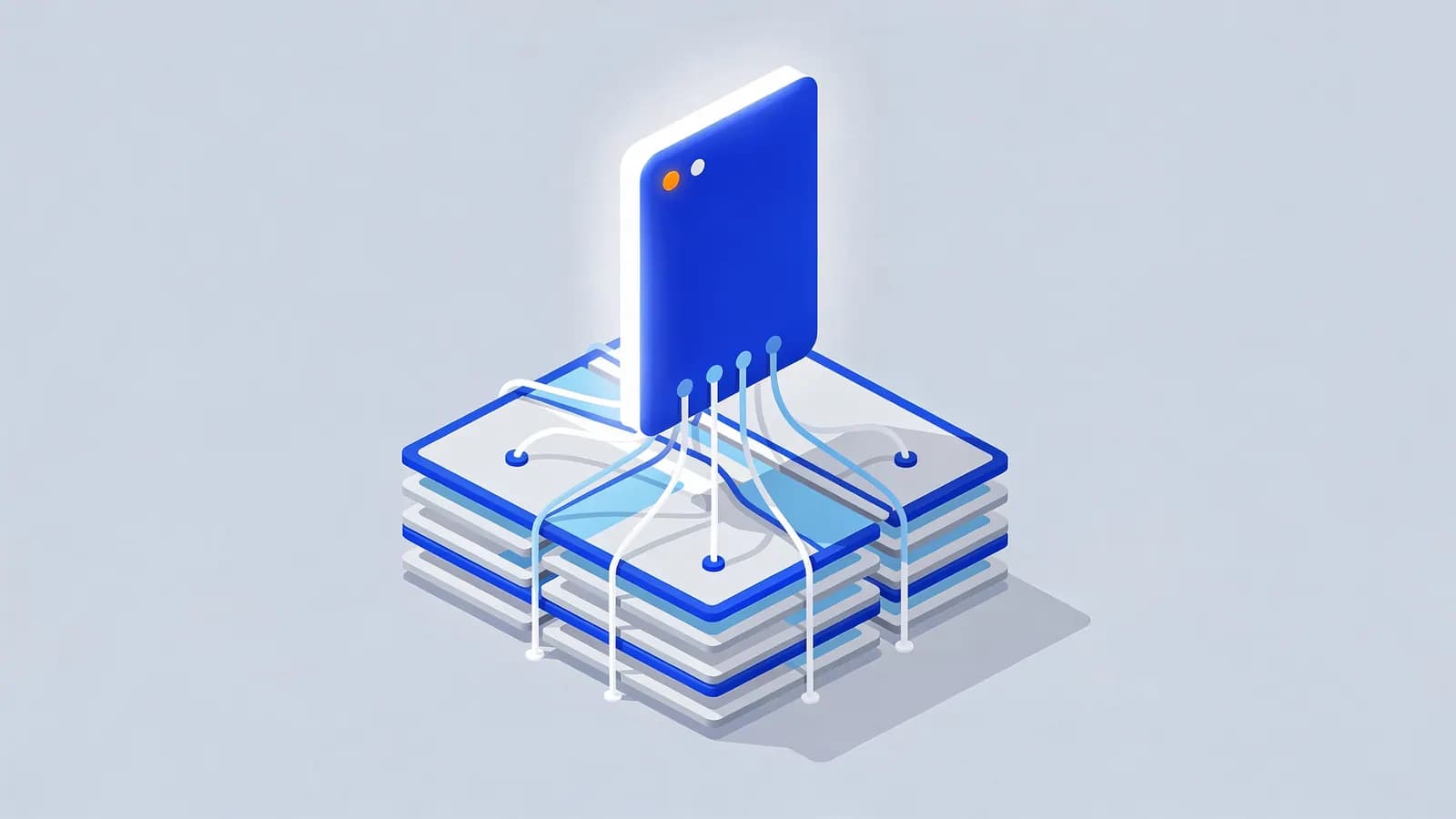 A glowing AI module processes information from multiple interconnected data layers, illustrating AI Overviews.
