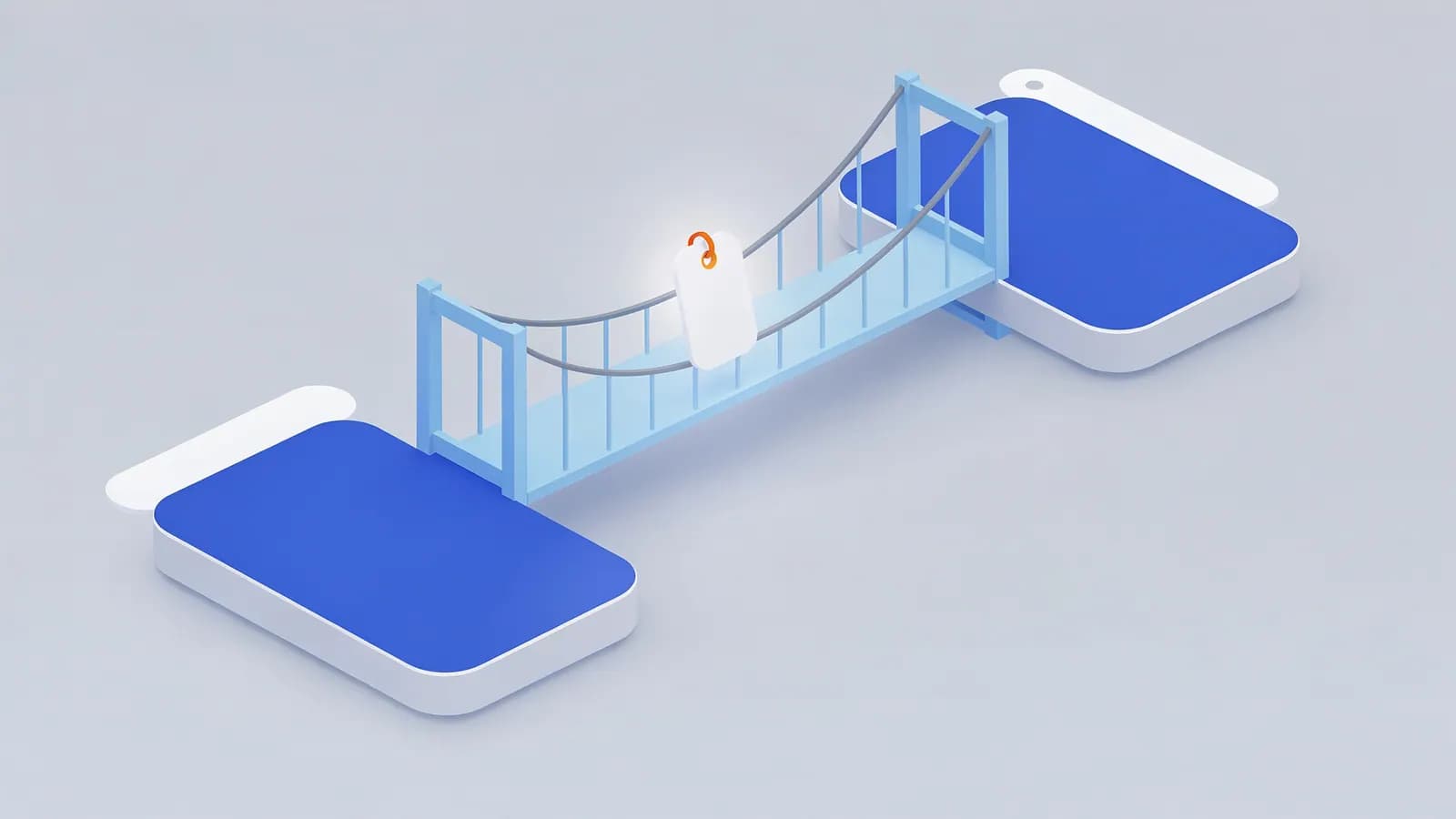 A tag hanging from a bridge connecting two content blocks, symbolizing an anchor text link.
