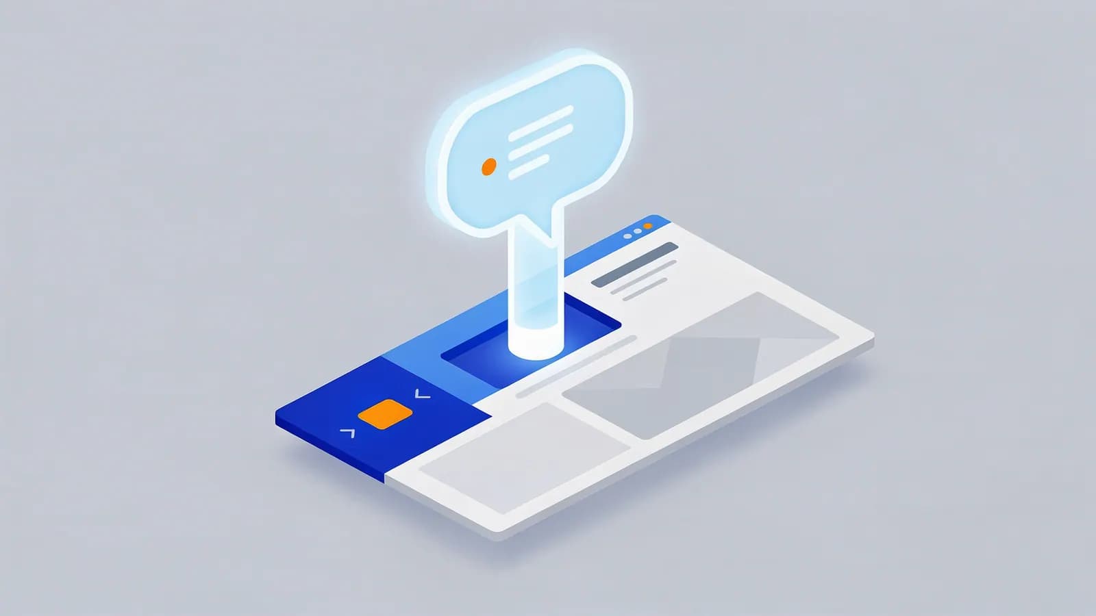 A glowing chat bubble with text appears above a browser window's search area, symbolizing answer engine optimization.
