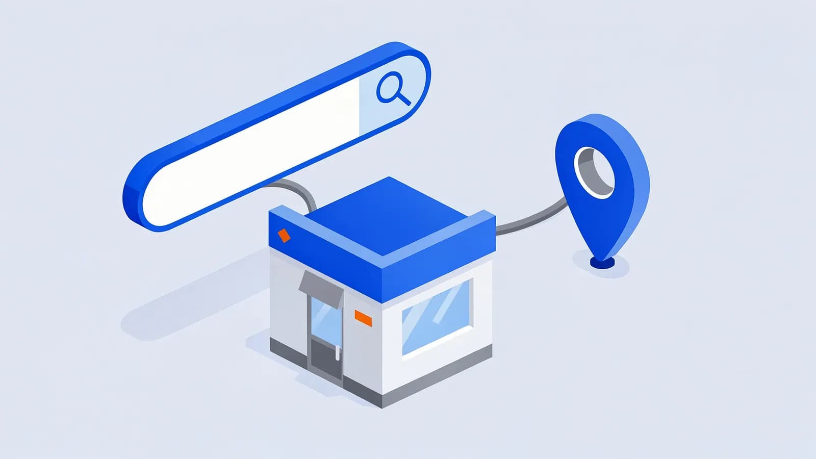A search bar connected to a storefront and a location pin, depicting how Bing Places helps users find local businesses.