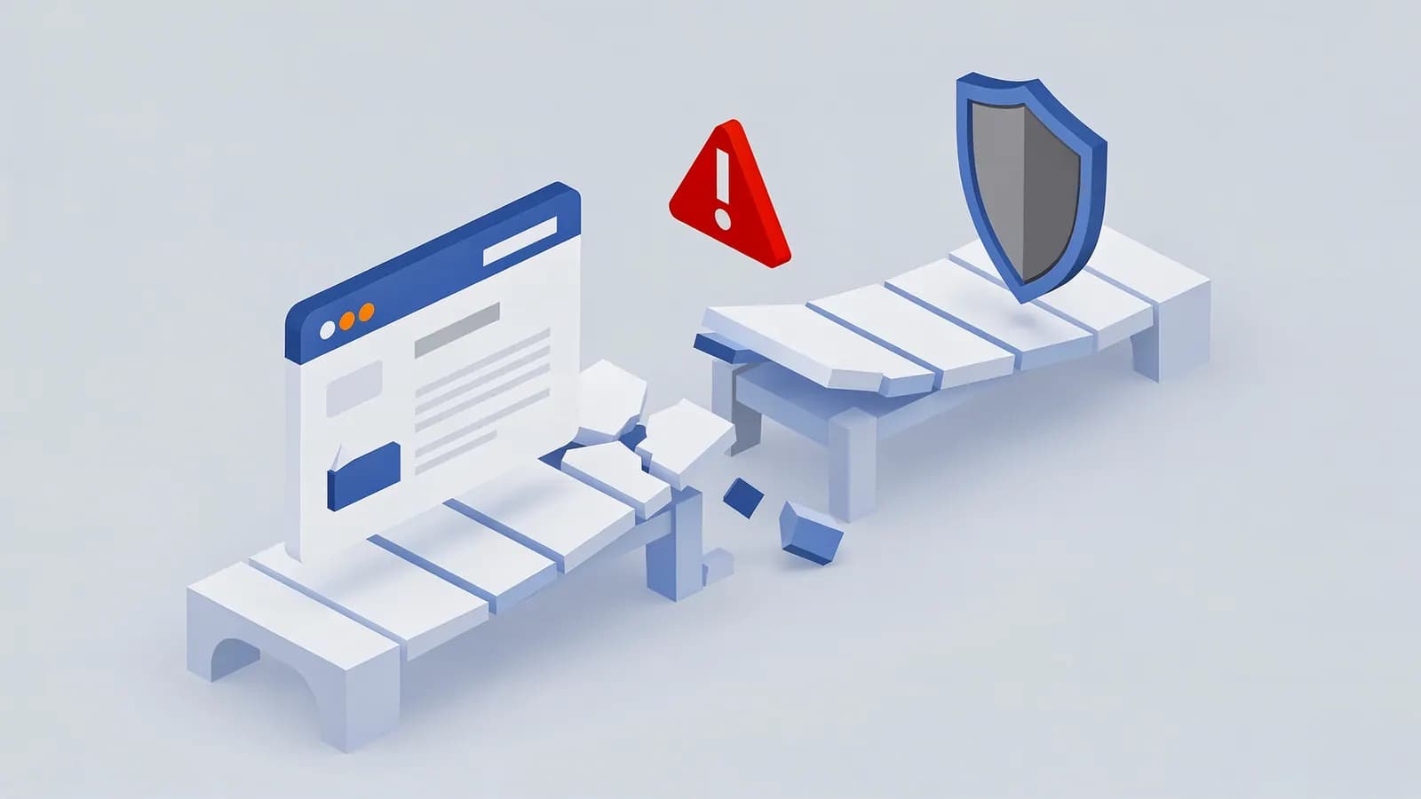 Browser window on a broken bridge with a red warning sign, and a shield on a stable section, depicting Black hat SEO.