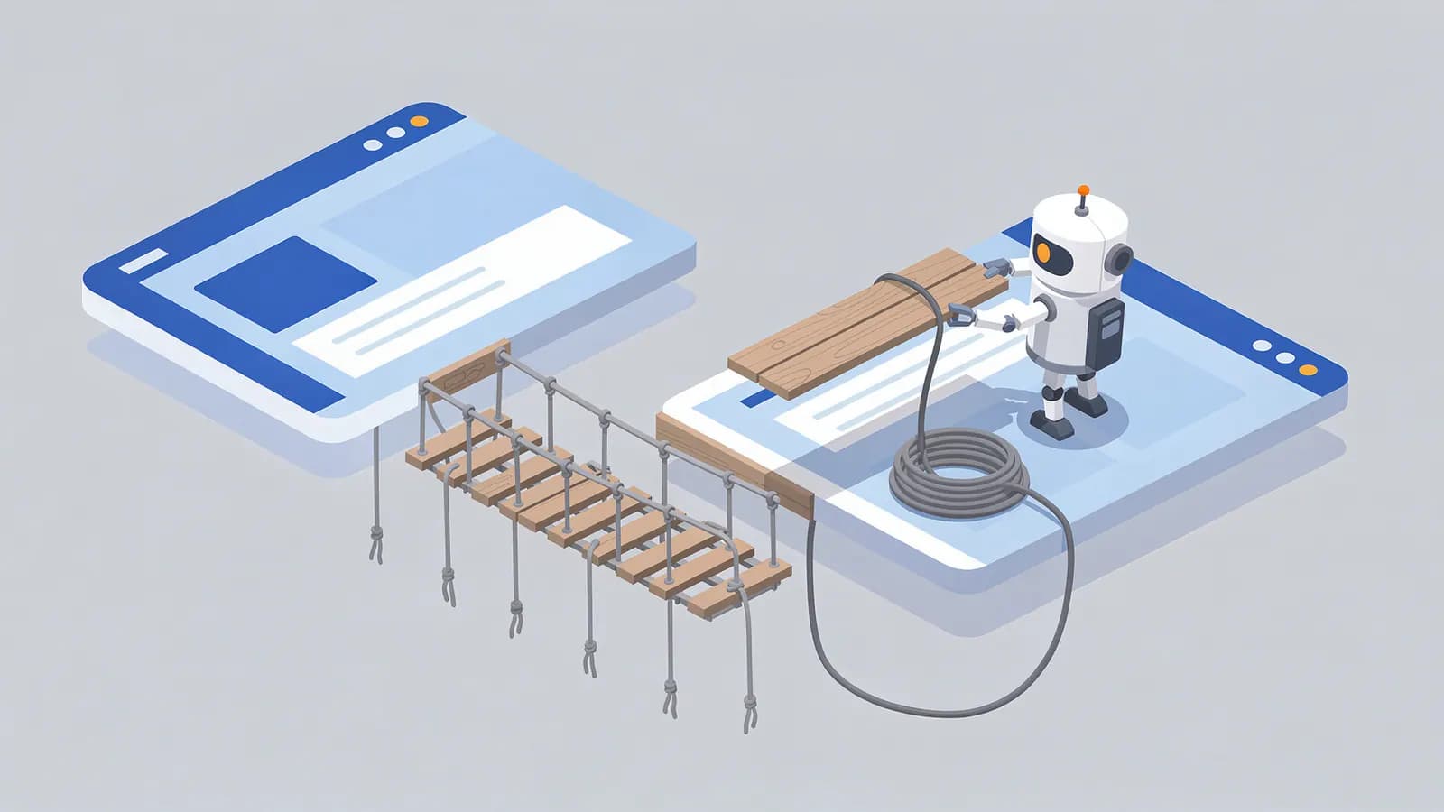 A robot extends a plank across a gap with a broken rope bridge between two web pages, illustrating broken link building.