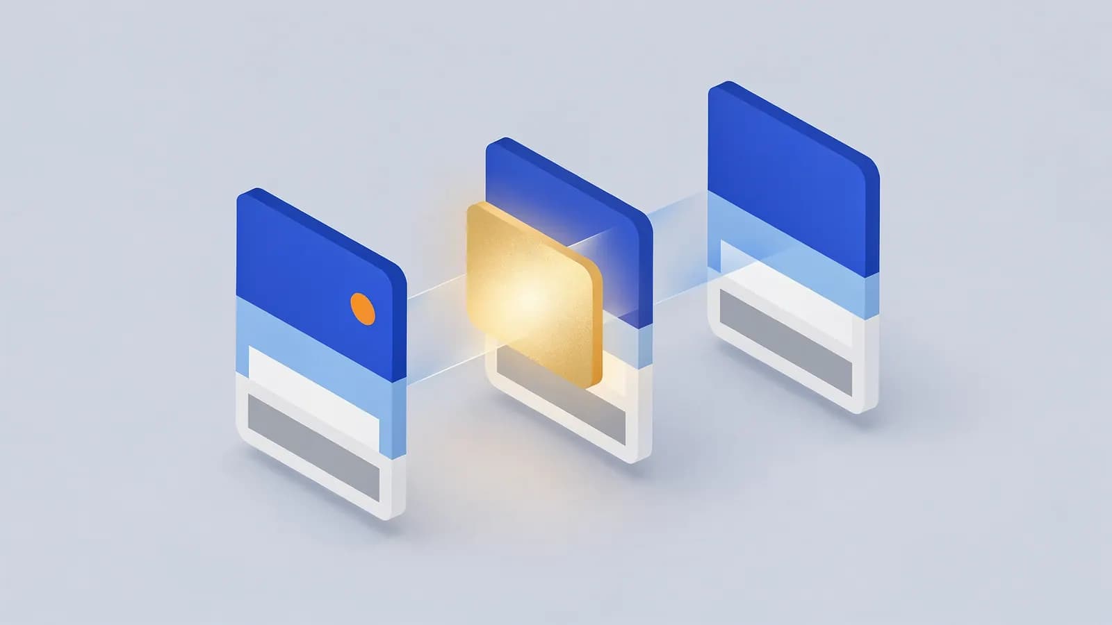 Web page layouts connected by a glowing element, showing how a canonical tag designates the primary source.