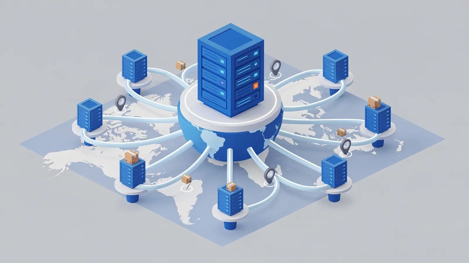 Central server on a globe connects via a network to multiple distributed servers on a world map, representing a CDN.