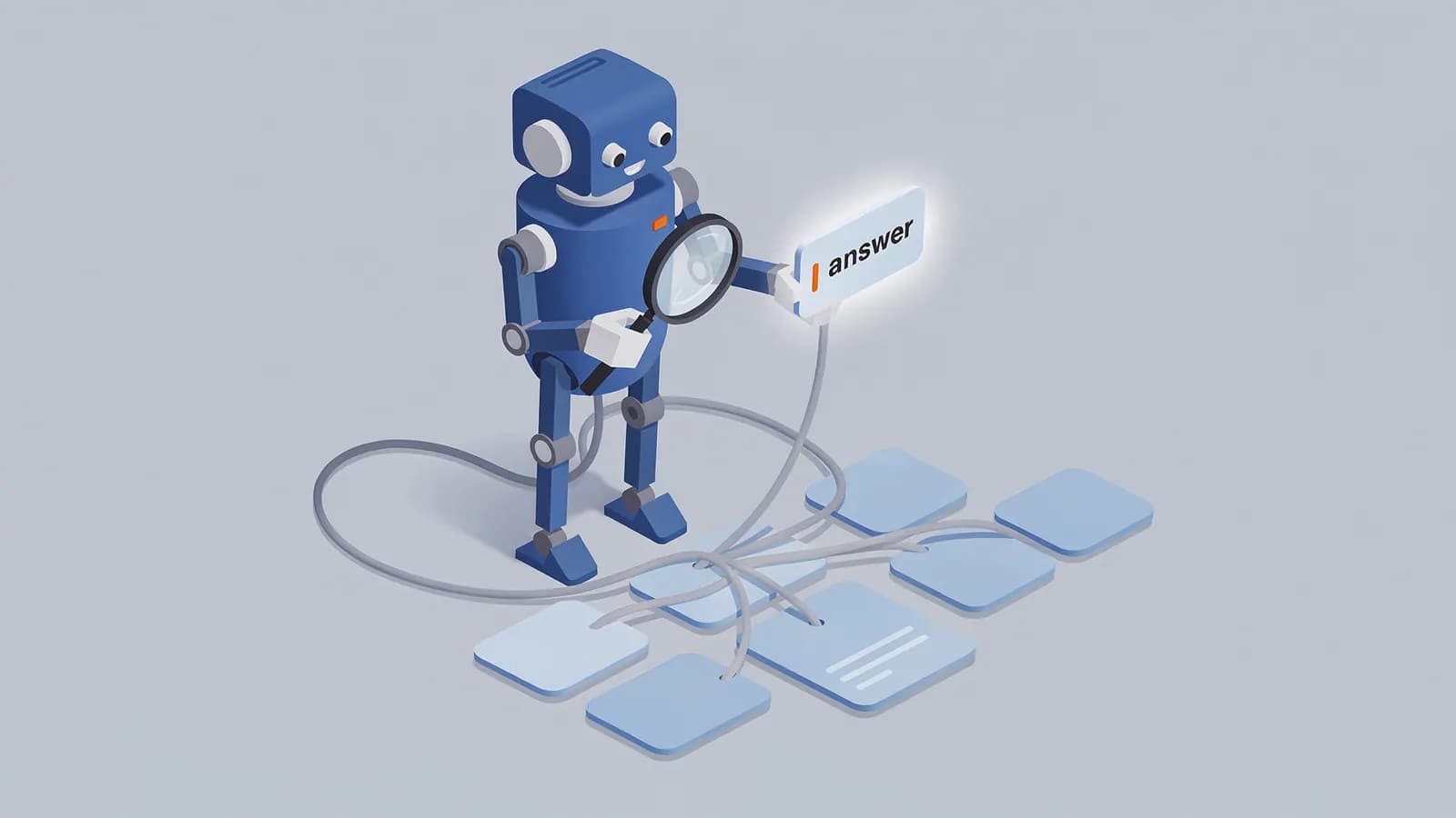 A robot uses a magnifying glass to find an answer, connected to multiple data sources, illustrating ChatGPT search.