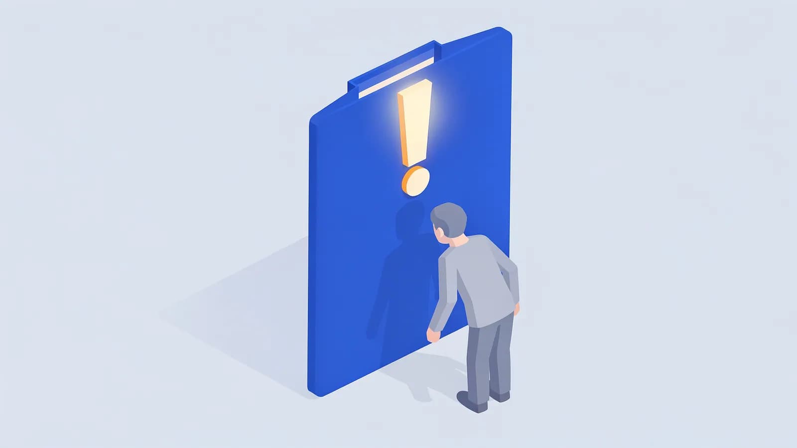 A person inspects a glowing exclamation mark on a large screen, representing the allure of clickbait titles.