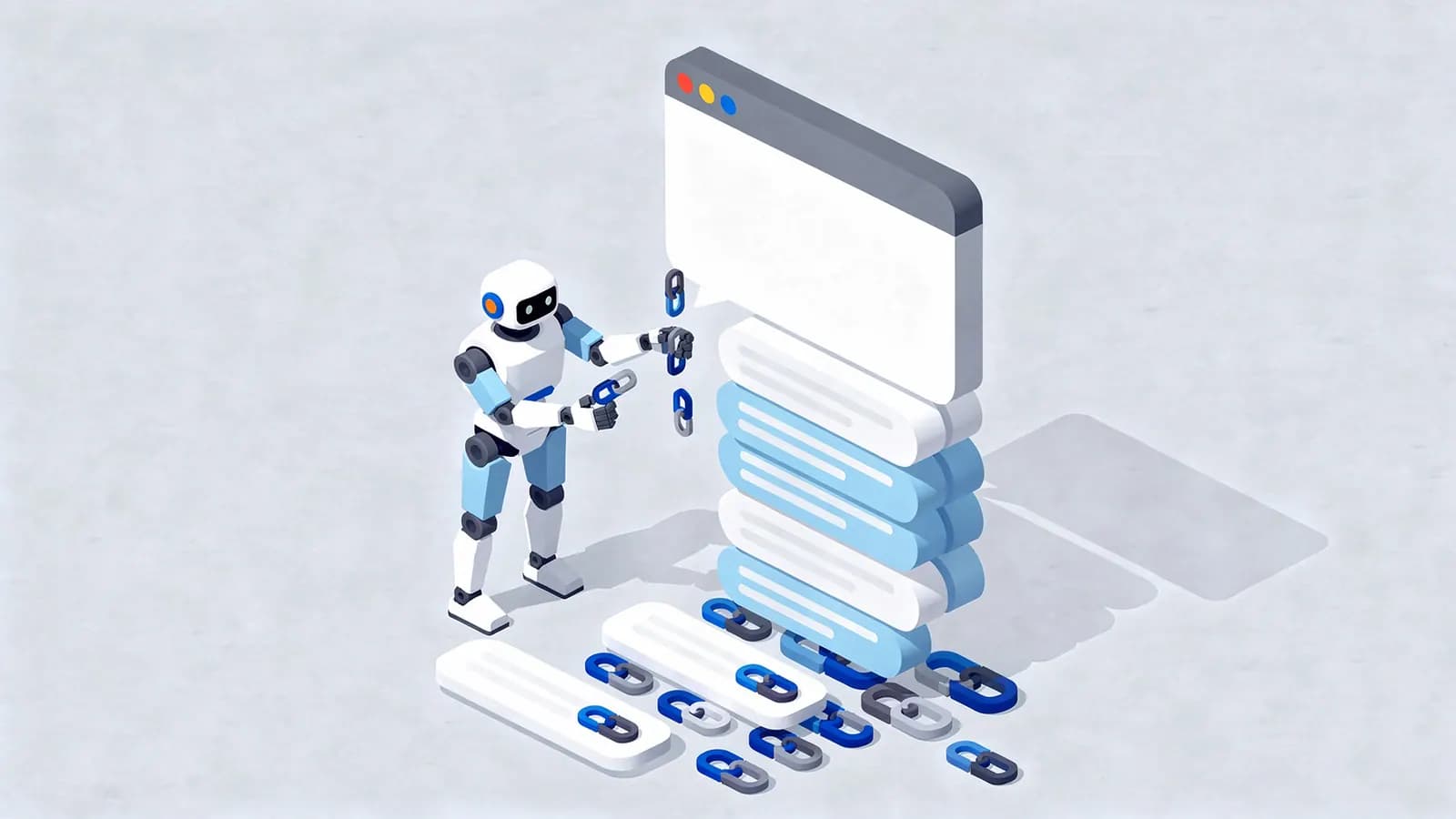 A robot continuously links and stacks comments below a browser window, filling the page to illustrate comment spam.