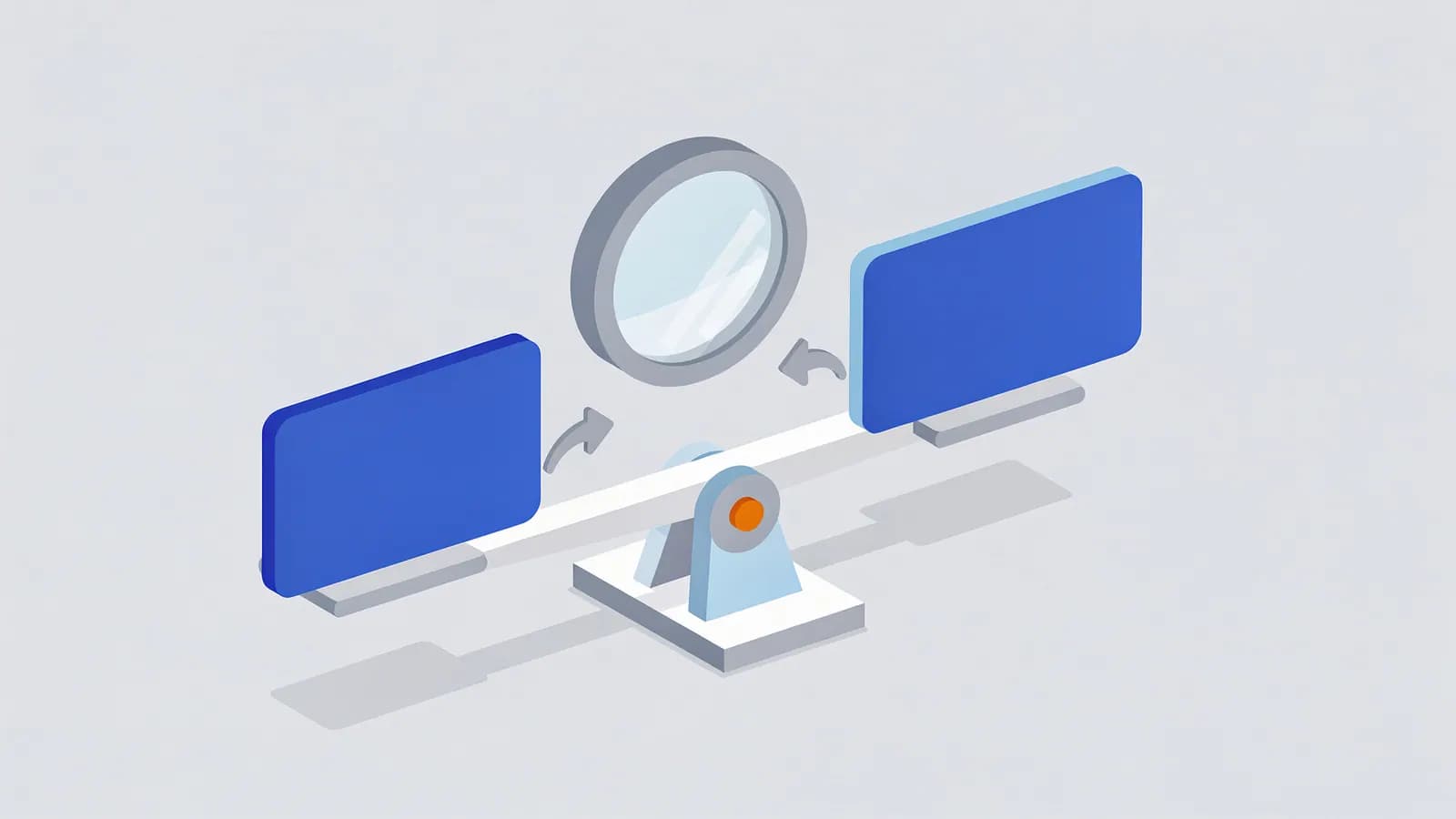 A seesaw balancing two screens, with a magnifying glass and arrows showing the process of analyzing commercial intent.