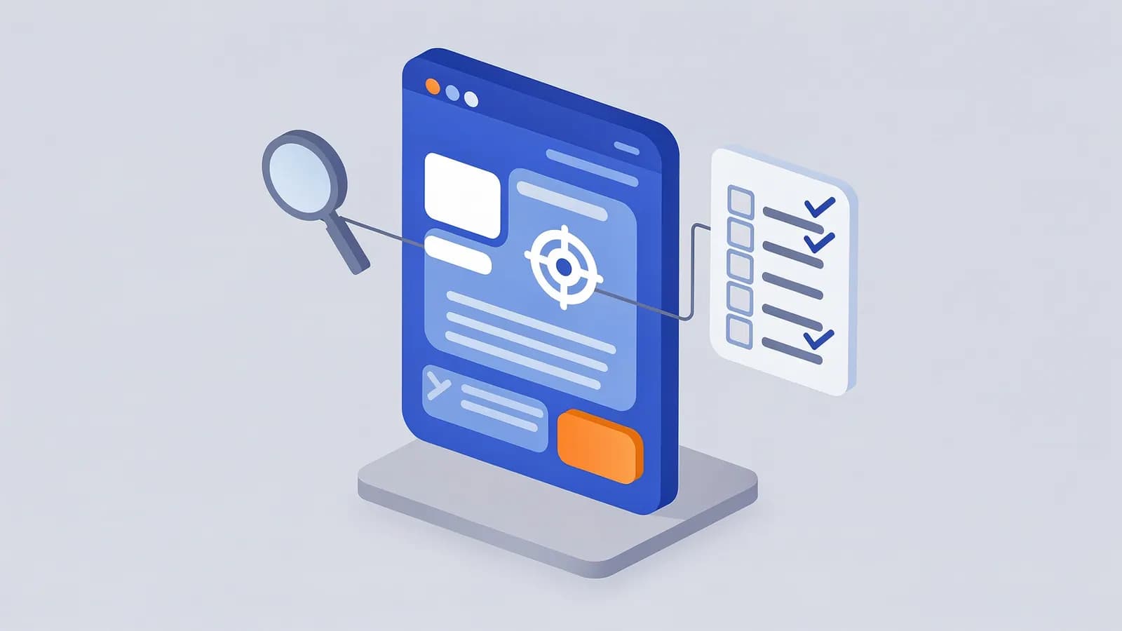 A screen shows a target connected to a magnifying glass for research and a checklist, illustrating a content brief.