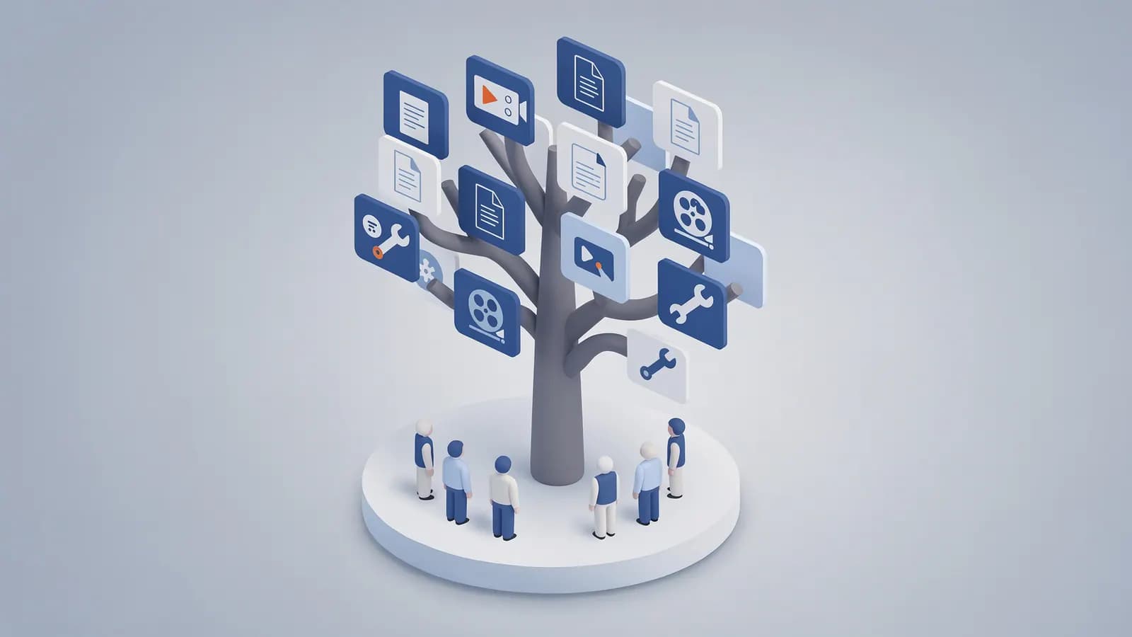 People gather around a tree with leaves featuring document, video, and tool icons, illustrating content marketing.