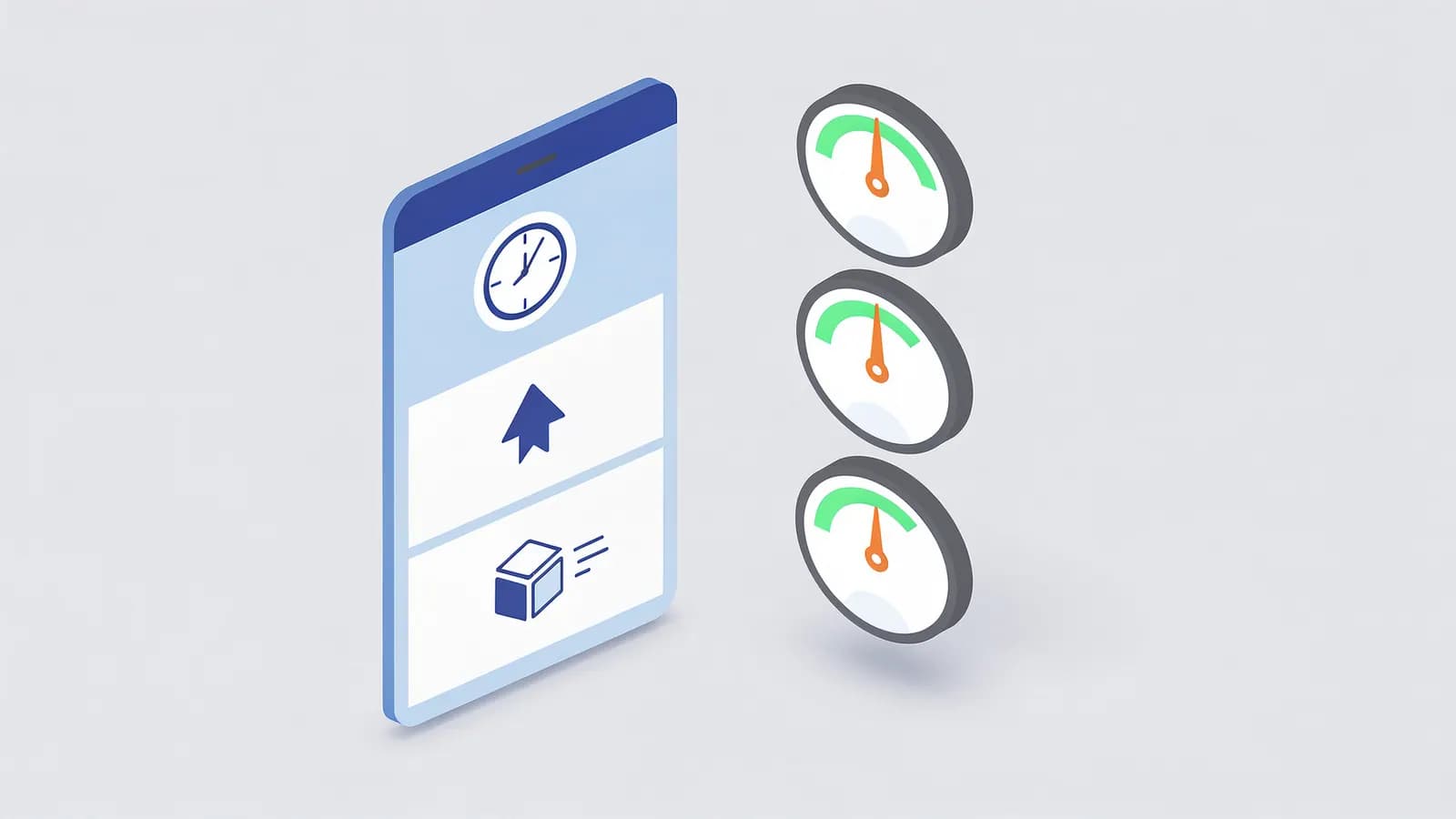 A phone displays icons for time, loading, and speed, with three performance gauges showing good Core Web Vitals.
