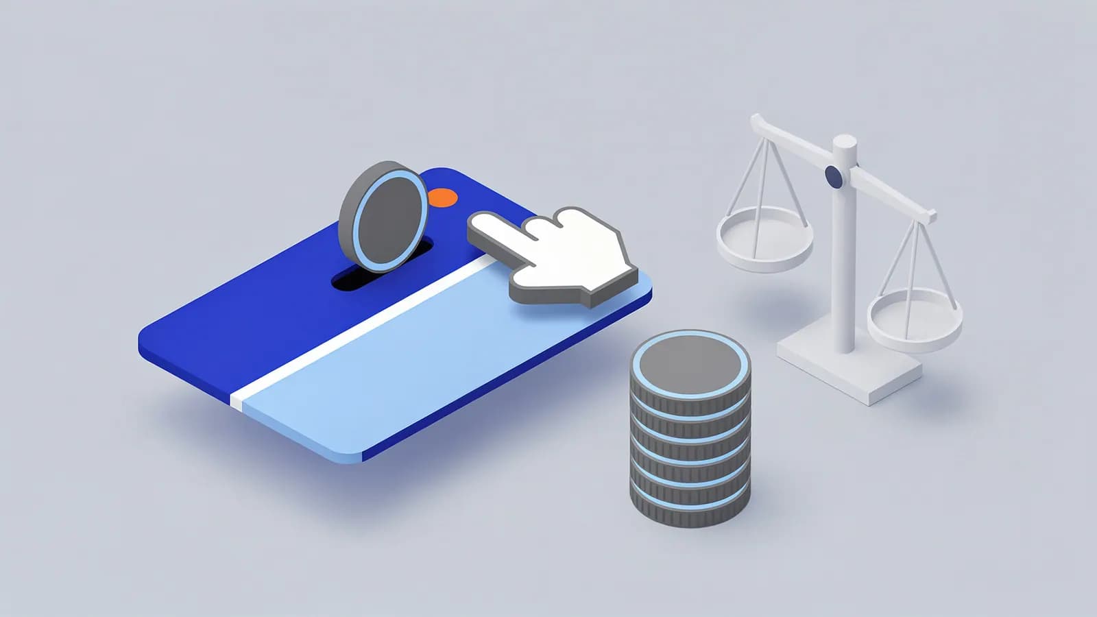 A mouse cursor points at a coin dropping into a slot, with a stack of coins and a balance scale, illustrating cost per click.