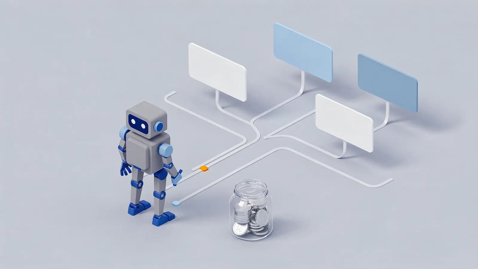 Robot managing a crawl budget of coins, distributing pathways to connect with various web pages.