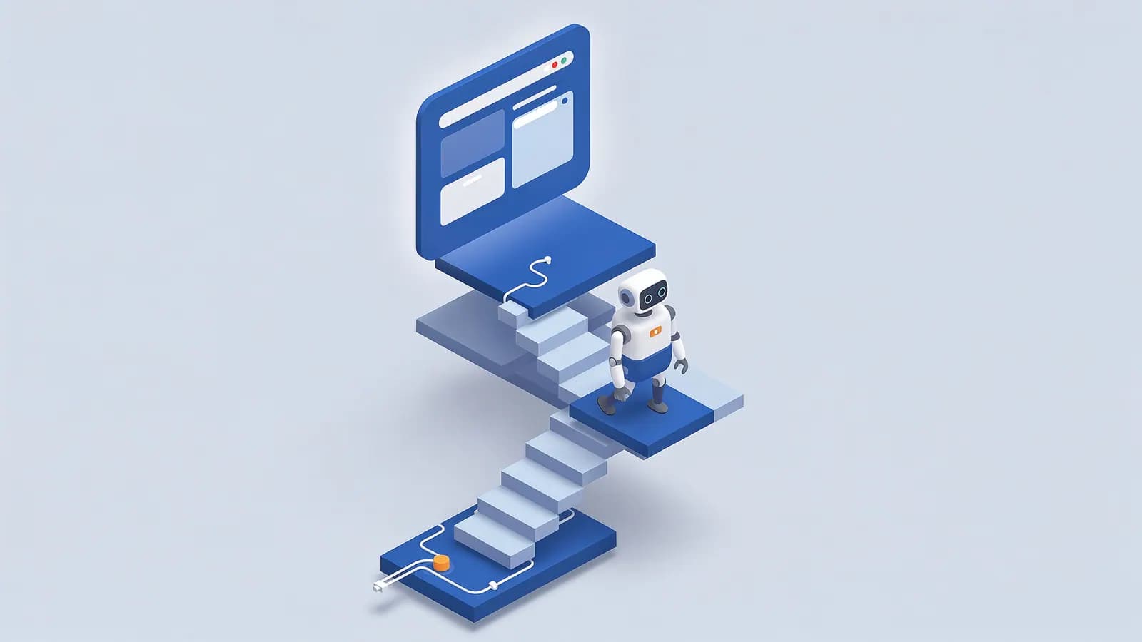 A robot walks up steps from a connected sphere to a browser window, illustrating crawl depth.