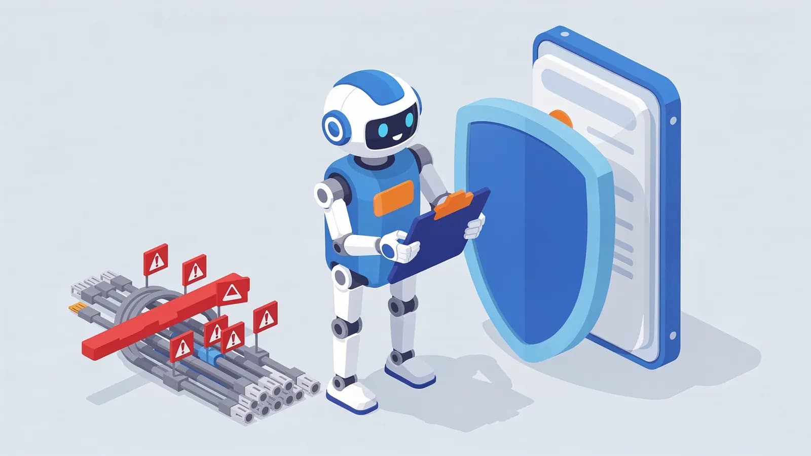 A robot with a clipboard shields a smartphone from bad links marked with warning signs, representing the disavow tool.
