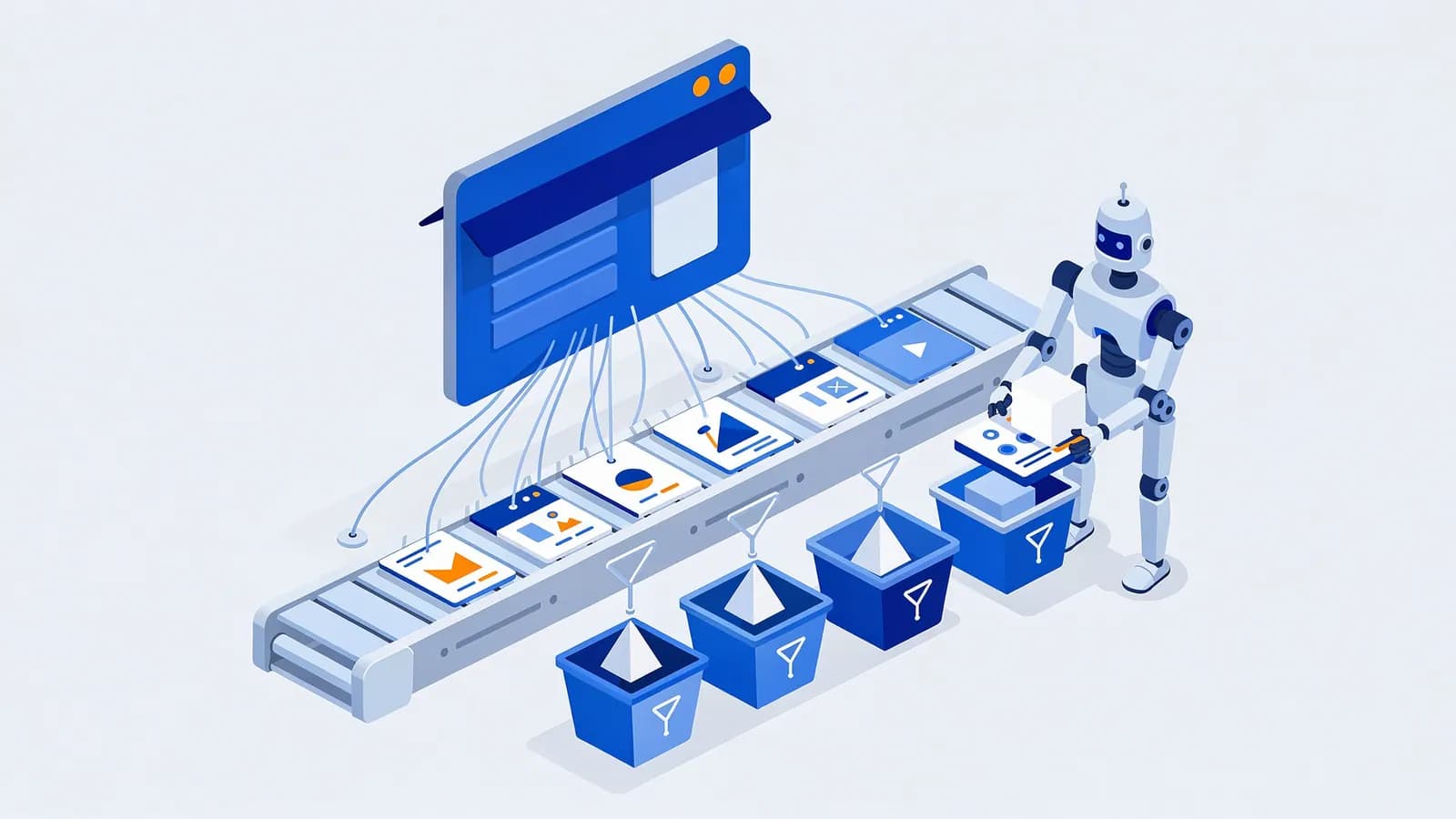 A robot sorts webpage content from a conveyor belt into bins with filter icons, illustrating Ecommerce SEO.