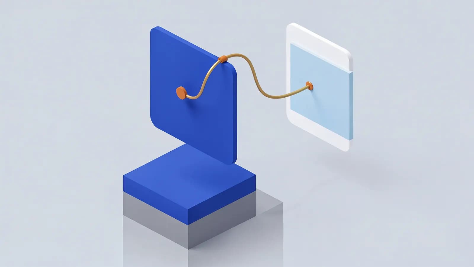 A stylized computer monitor linked by a cable to a smartphone, illustrating editorial links.