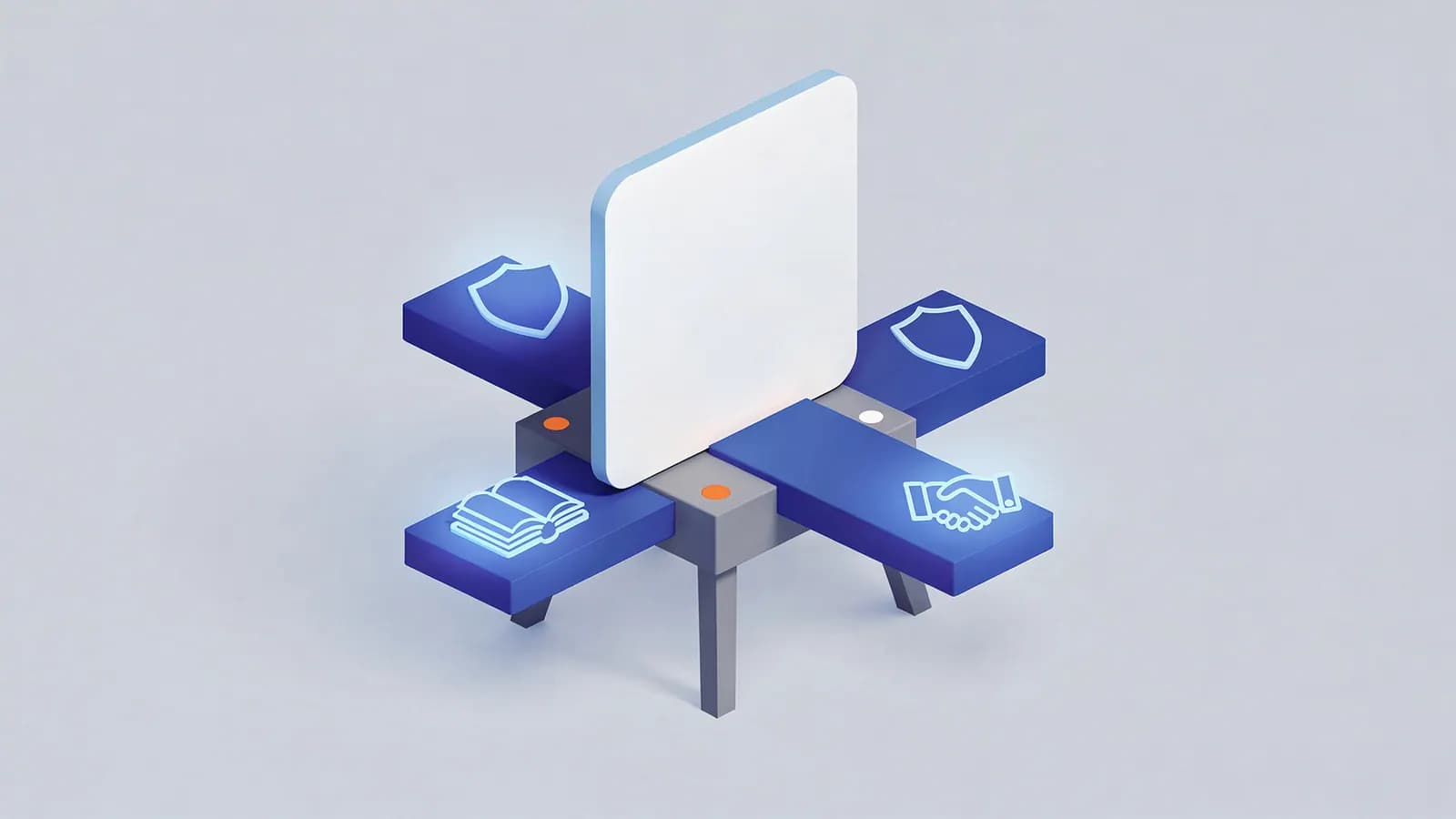 A central white block supported by four arms with glowing icons: two shields, books, and a handshake, for E-E-A-T.