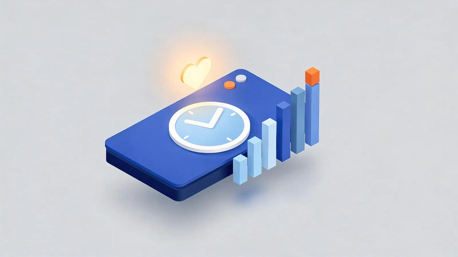 A digital platform with a clock and glowing heart icons, showing a rising bar chart to illustrate engagement rate.