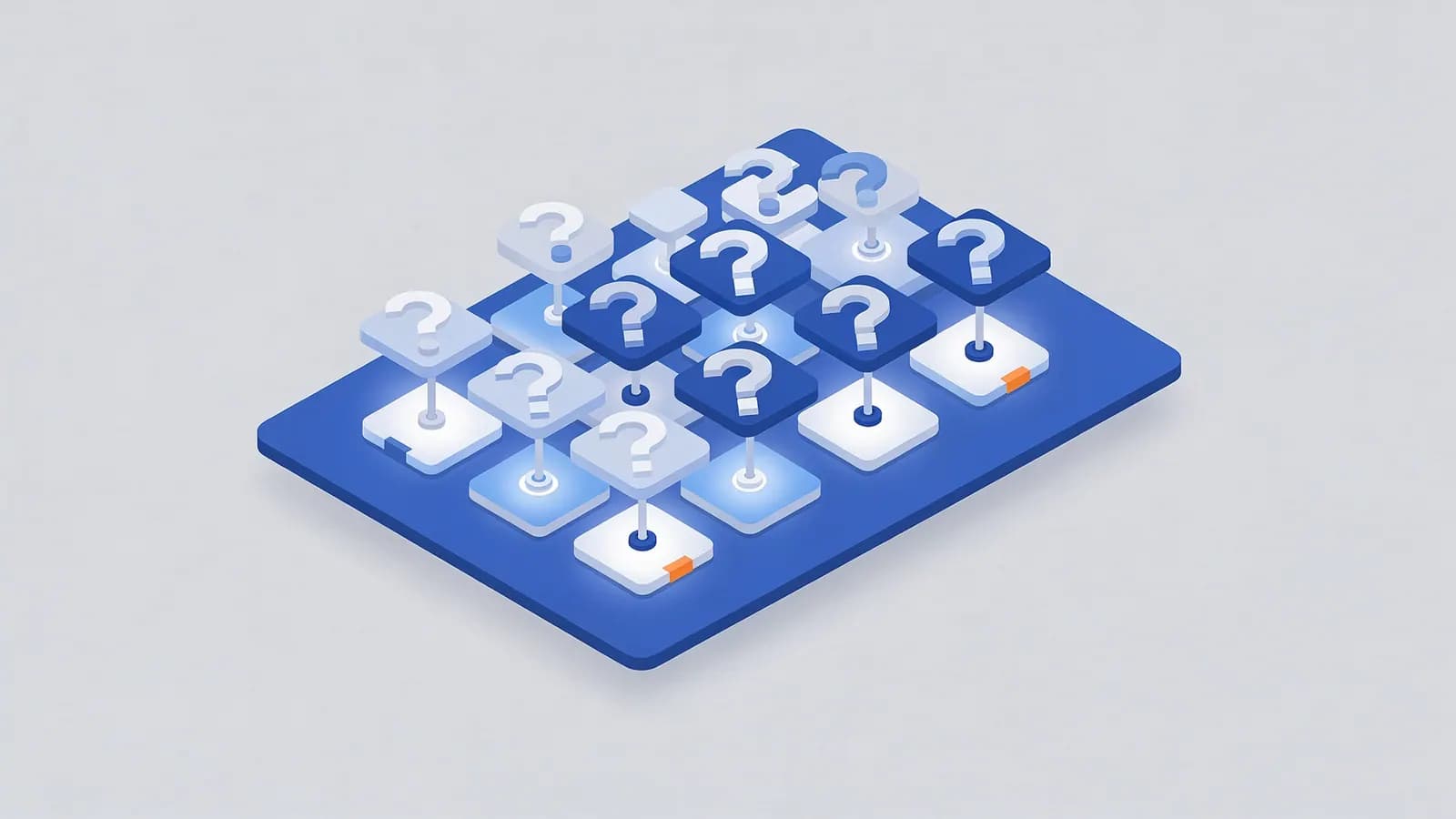 A grid of raised question mark icons, some illuminated, on a blue base, illustrating an FAQ page.