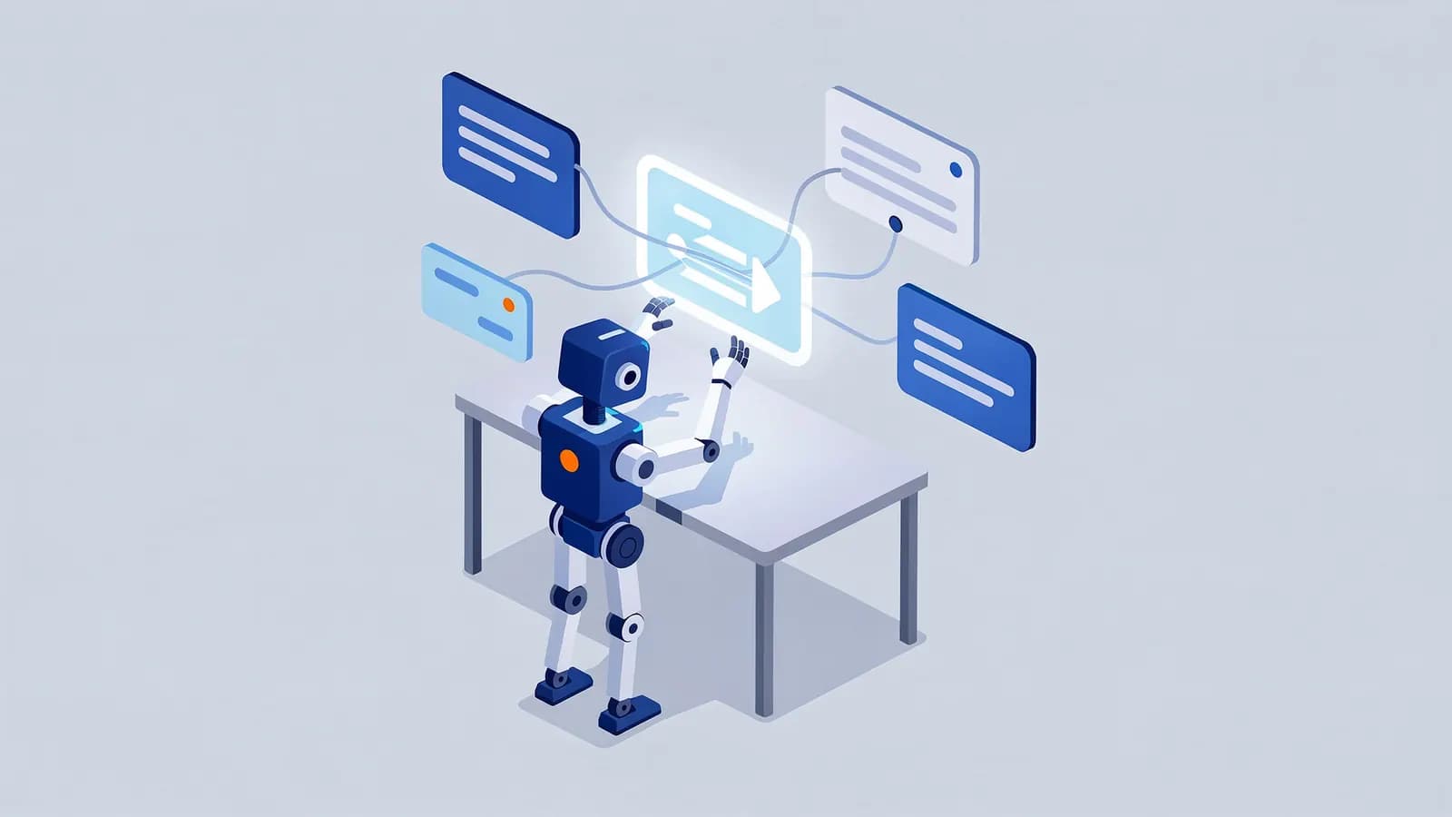 A robot interacts with floating screens linked to a glowing interface, representing generative engine optimization.