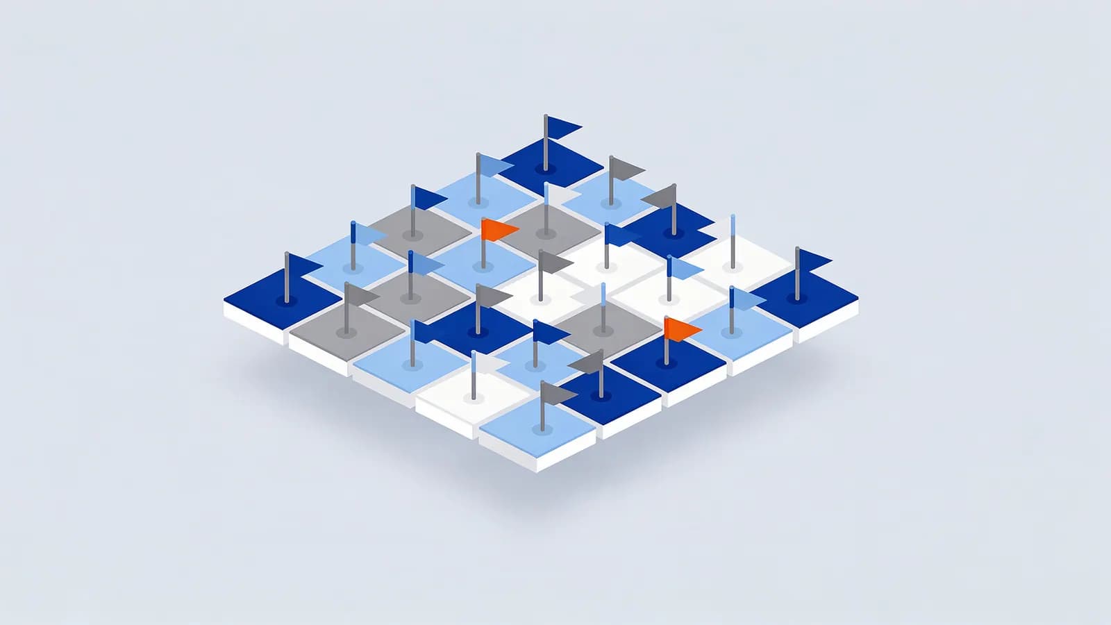 Isometric grid of squares with flags of different colors, including two orange, depicting geo-grid rank tracking.