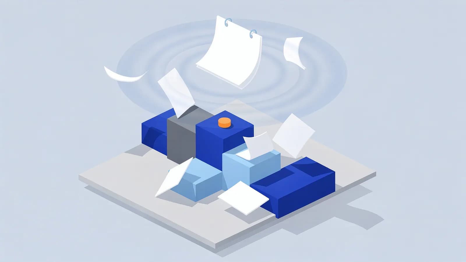 Papers scatter around geometric blocks on a platform with ripples above, representing a Google algorithm update.