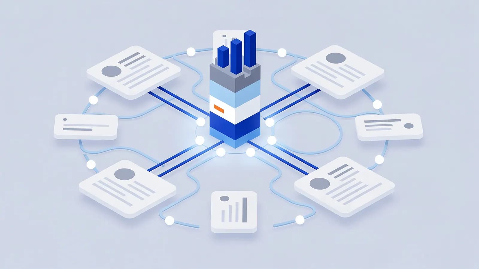 Central data platform with analytics metrics connected to various data and report cards, representing Google Analytics 4.