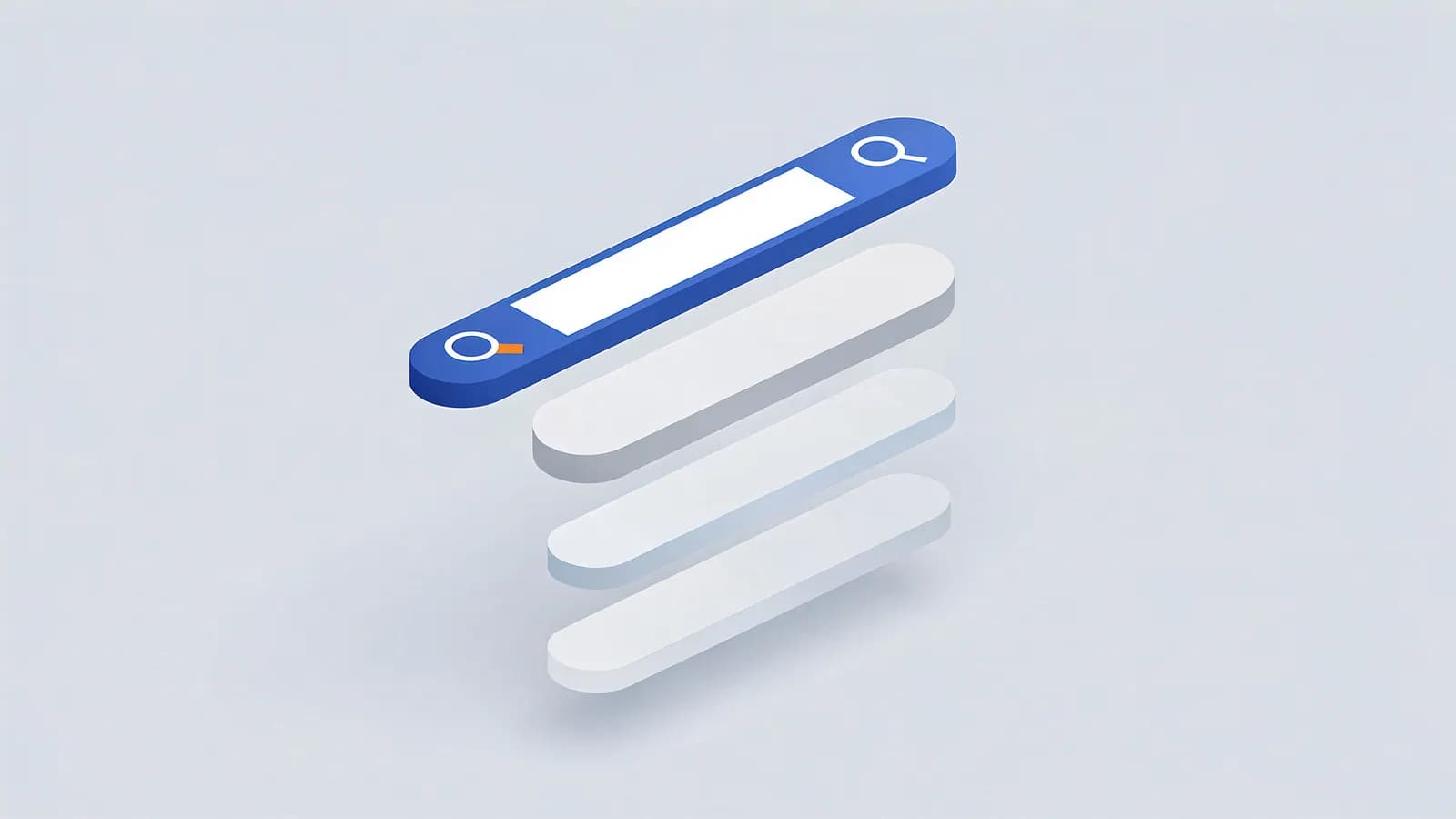 A blue search bar with icons floats above three stacked white oval shapes, illustrating Google Autocomplete.