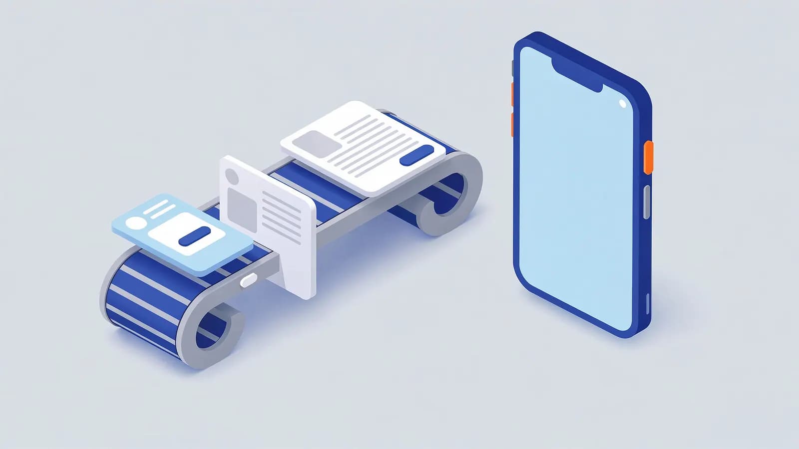 Content cards, like articles and posts, moving on a conveyor belt towards a smartphone, illustrating Google Discover.