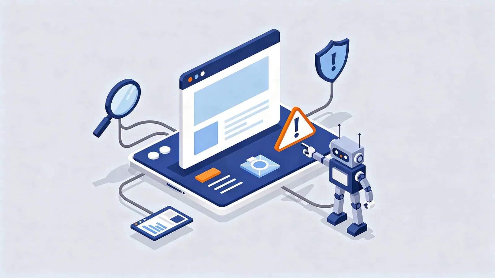 A robot highlights a web page error on a tablet, with search, security, and analytics tools, depicting Google Search Console.