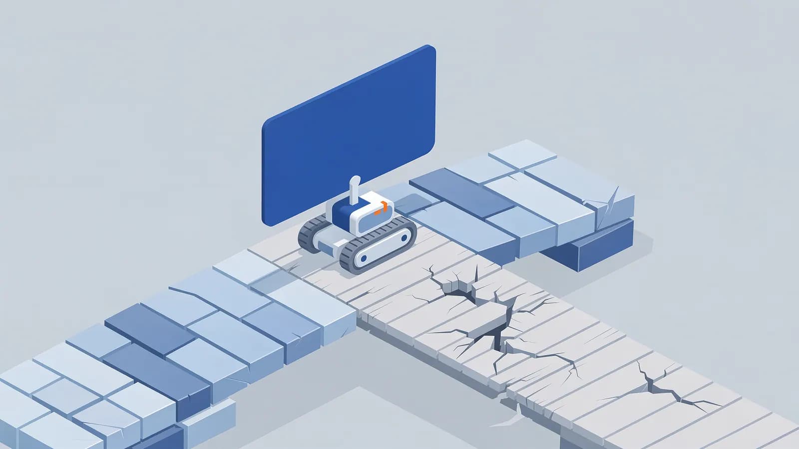 Robot on a path with solid blocks leading to a cracked, unstable section, illustrating Grey hat SEO practices.