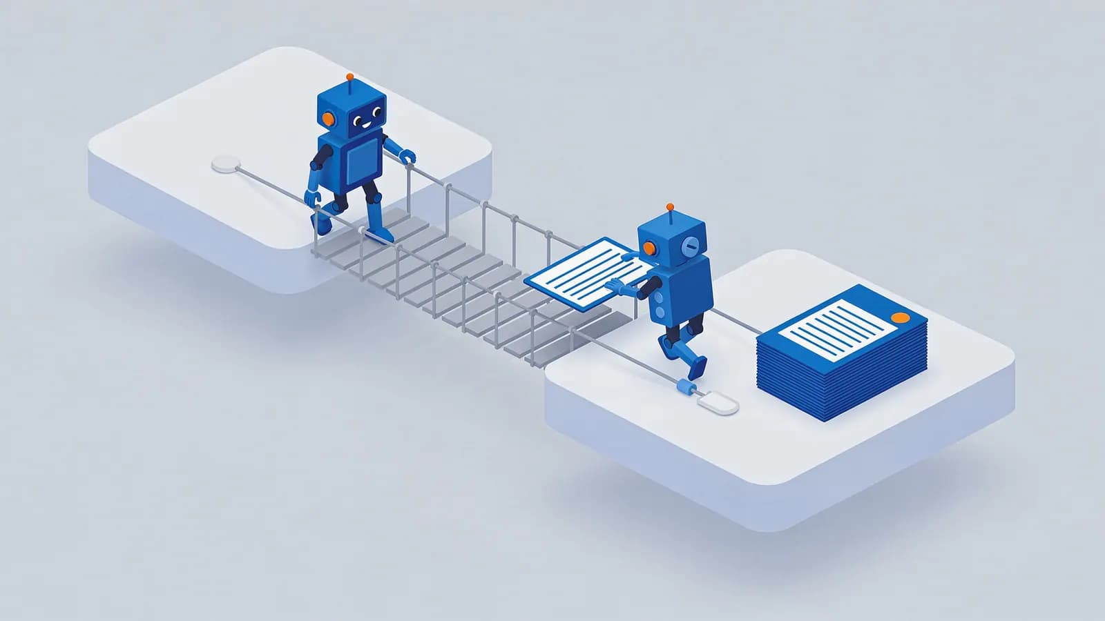 A robot delivers a document across a bridge to another robot and a stack of content, illustrating guest posting.