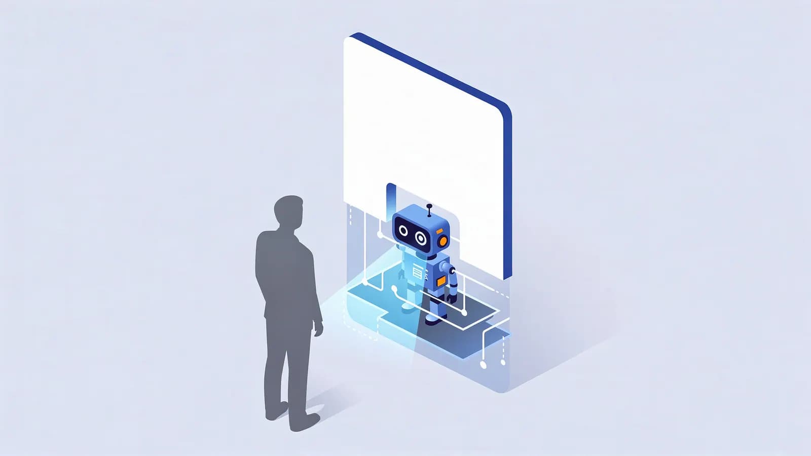 A person looks at a blank screen while a robot and glowing data are hidden behind it, representing hidden text and links.