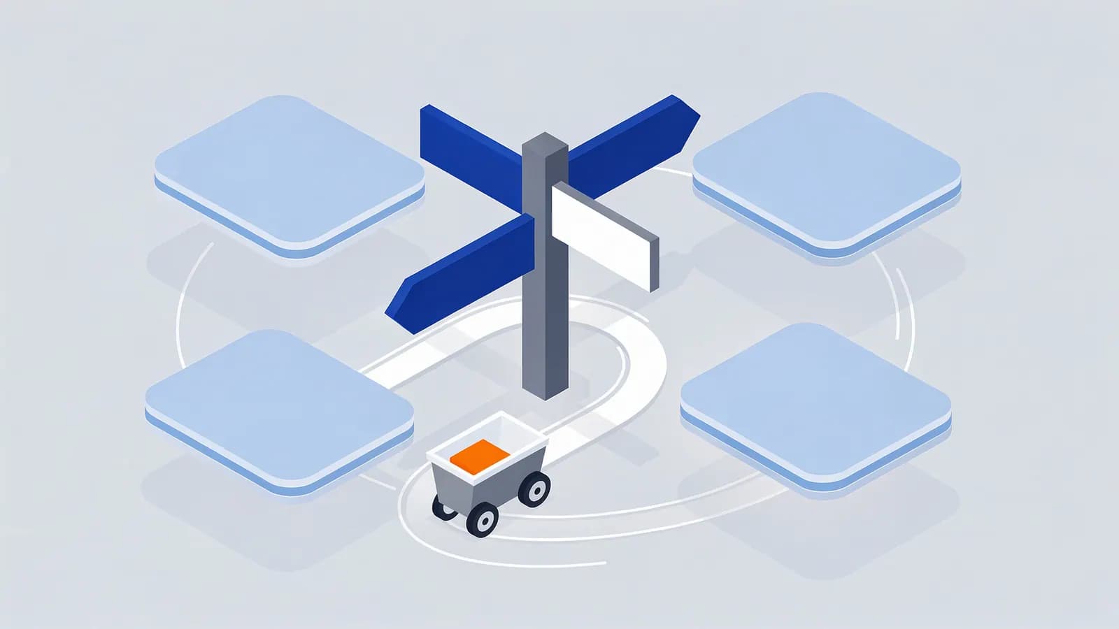 A small cart follows a path to a multi-directional signpost surrounded by four platforms, illustrating an HTML sitemap.