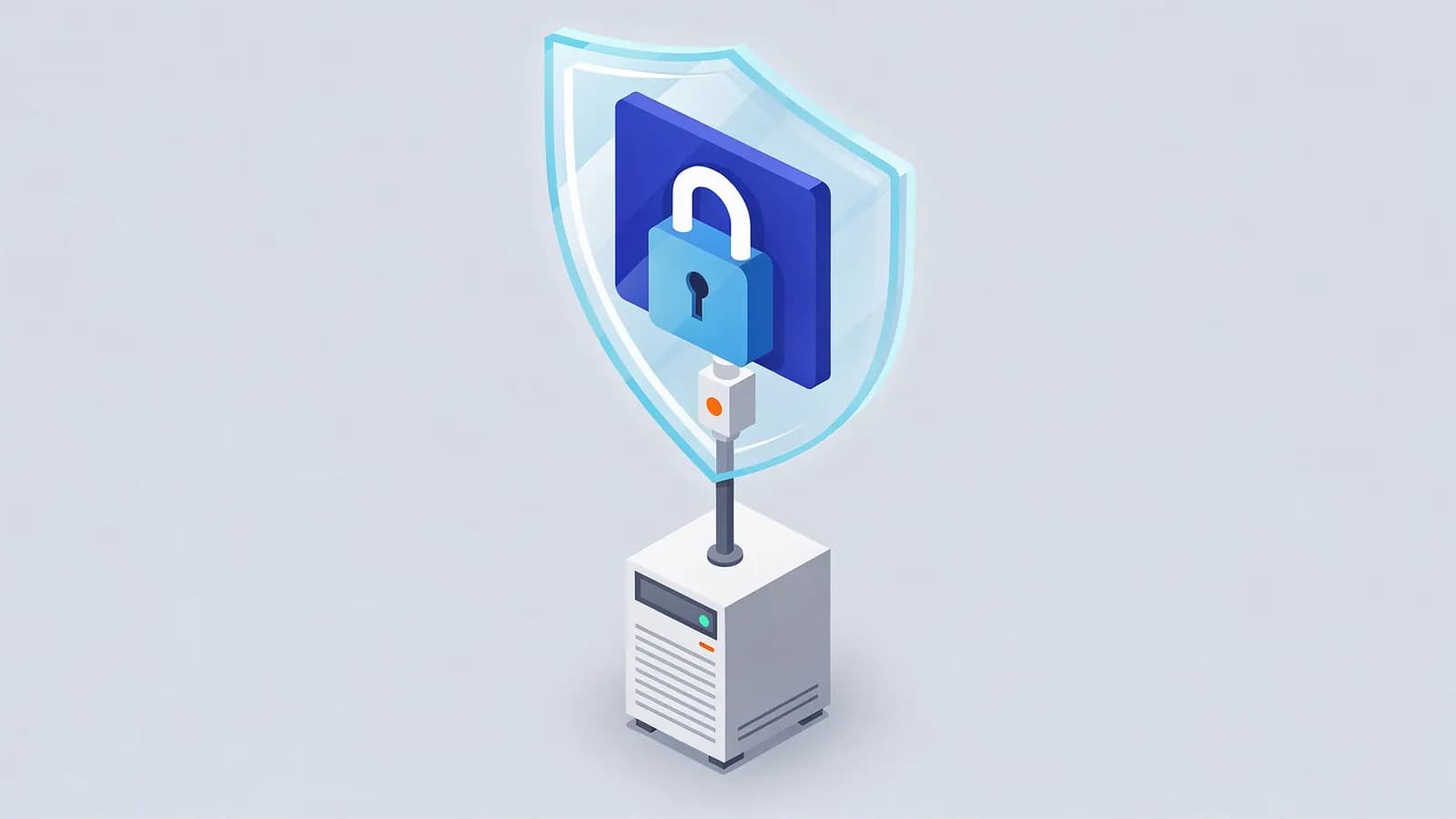 A shielded padlock connected to a server, representing a secure HTTPS connection.