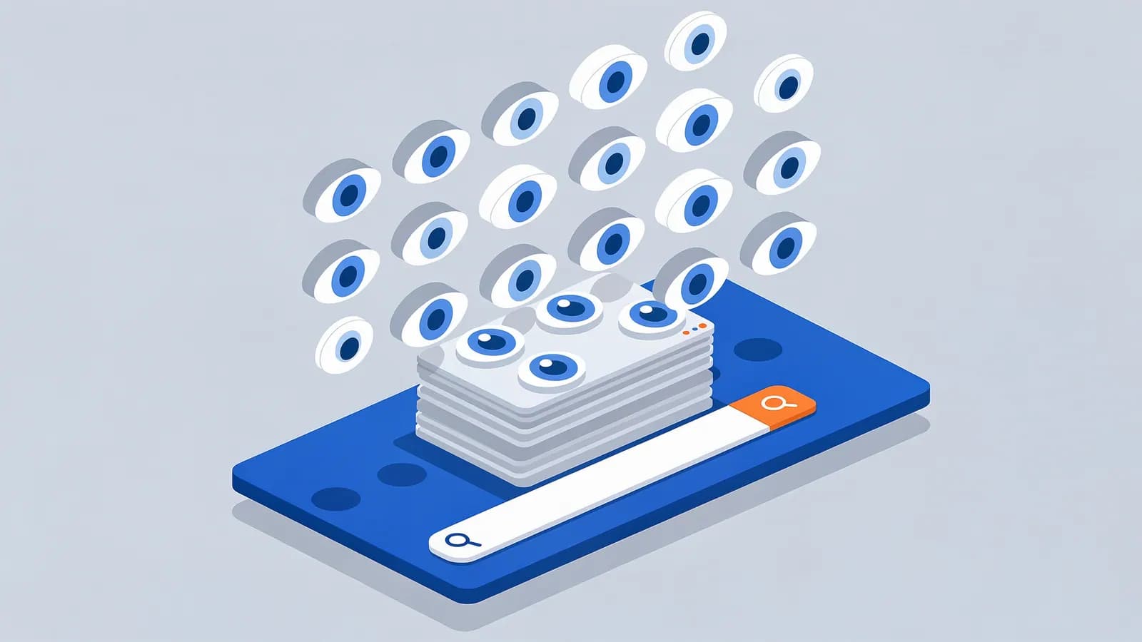 A grid of floating eyes monitors a search bar and a stack of pages, depicting web Impressions.