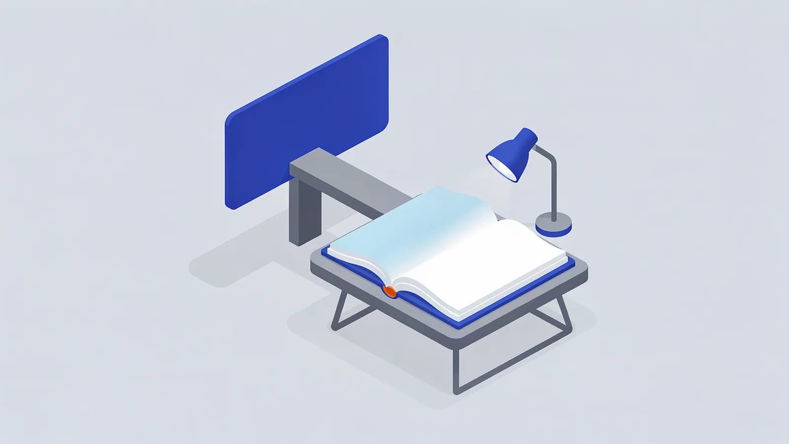 Desk with a computer monitor, an open book, and a lamp, illustrating informational intent.