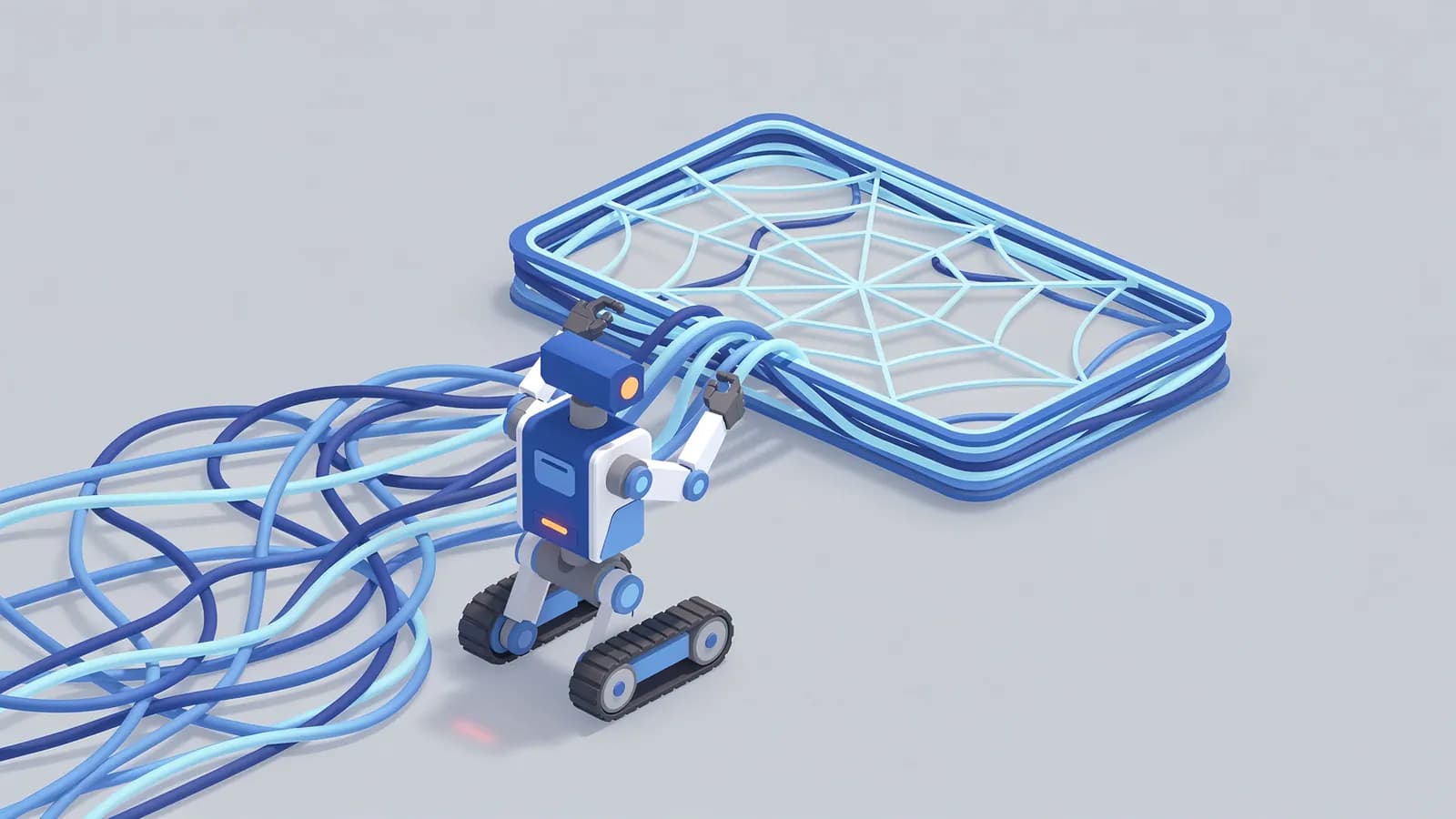 Robot on tracks weaving multiple cables into a spiderweb structure, illustrating JavaScript SEO.