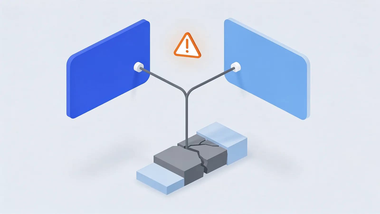 Two content blocks linked by a wire to a cracked base, with a warning sign, illustrating keyword cannibalization.