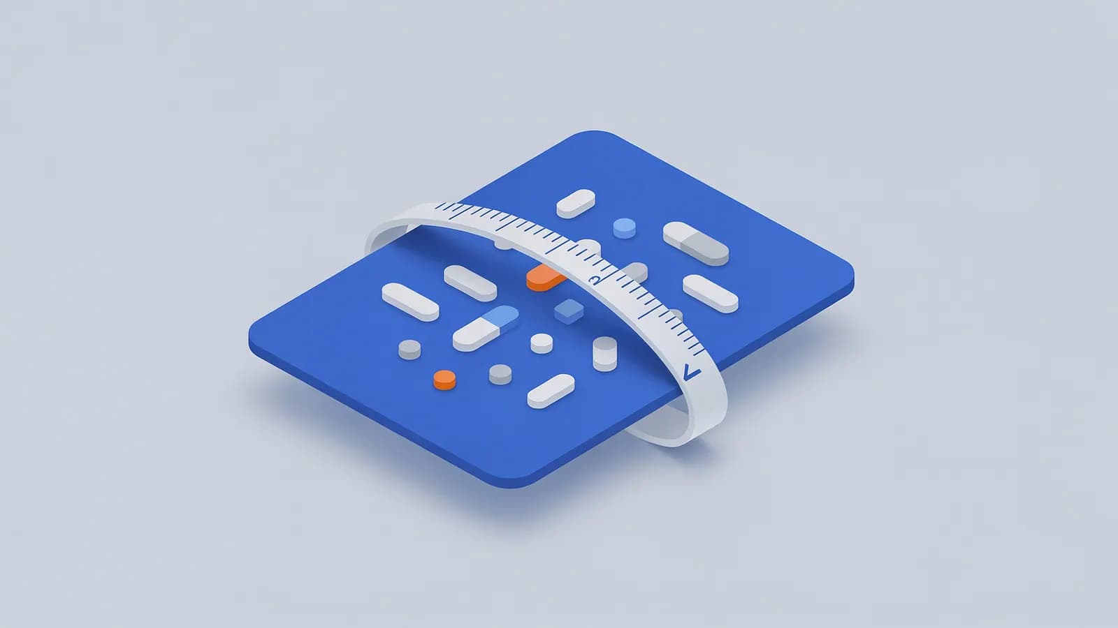 Pills of different shapes and sizes lie on a blue surface wrapped by a measuring tape, showing keyword density.