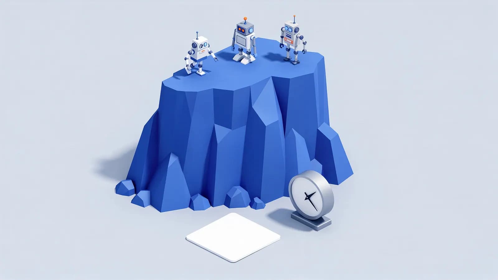 Three robots on a large rock represent keyword difficulty, with a platform and clock nearby.