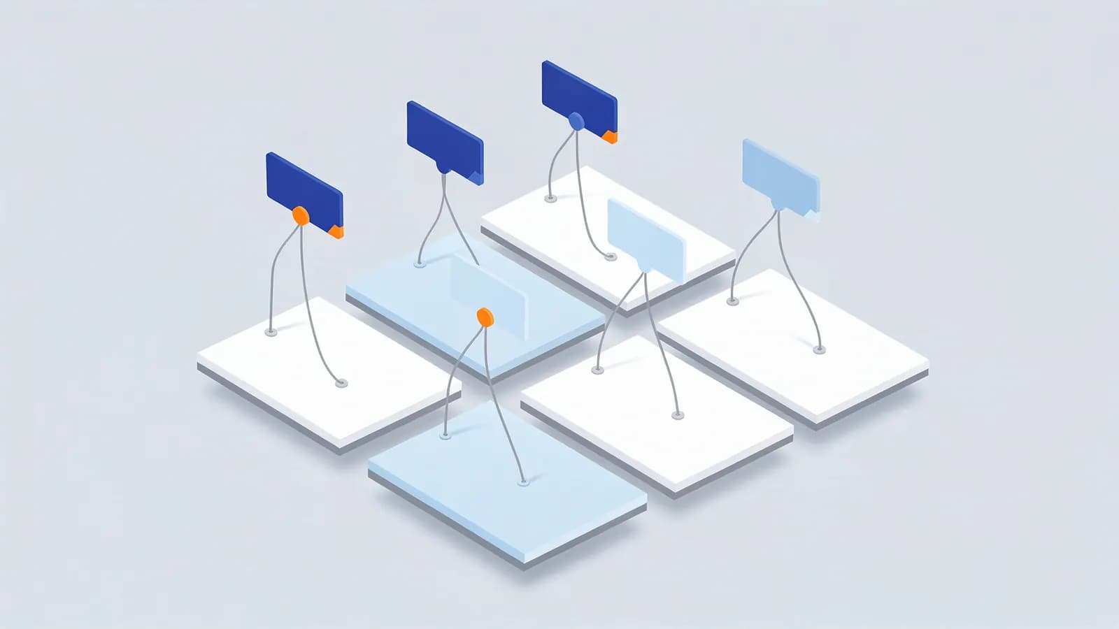 A grid of connected rectangular platforms and labels, symbolizing keyword mapping.