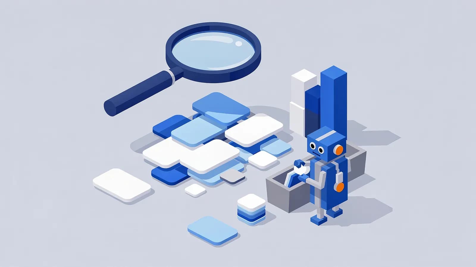 A magnifying glass observes a robot sorting data blocks into a box next to bar charts, illustrating keyword research.