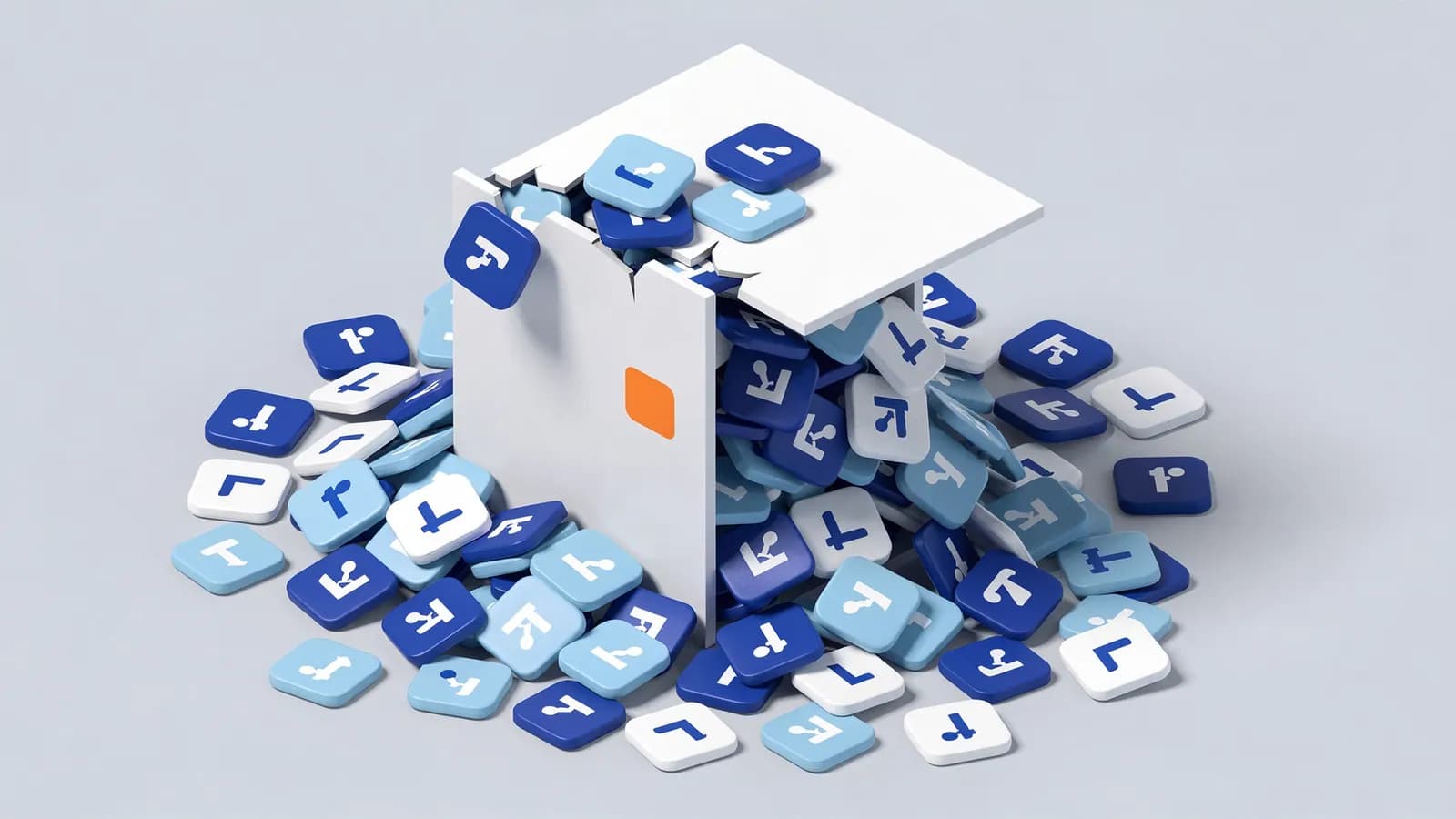 A broken white box overflows with many small square tiles featuring stylized letter symbols, representing keyword stuffing.