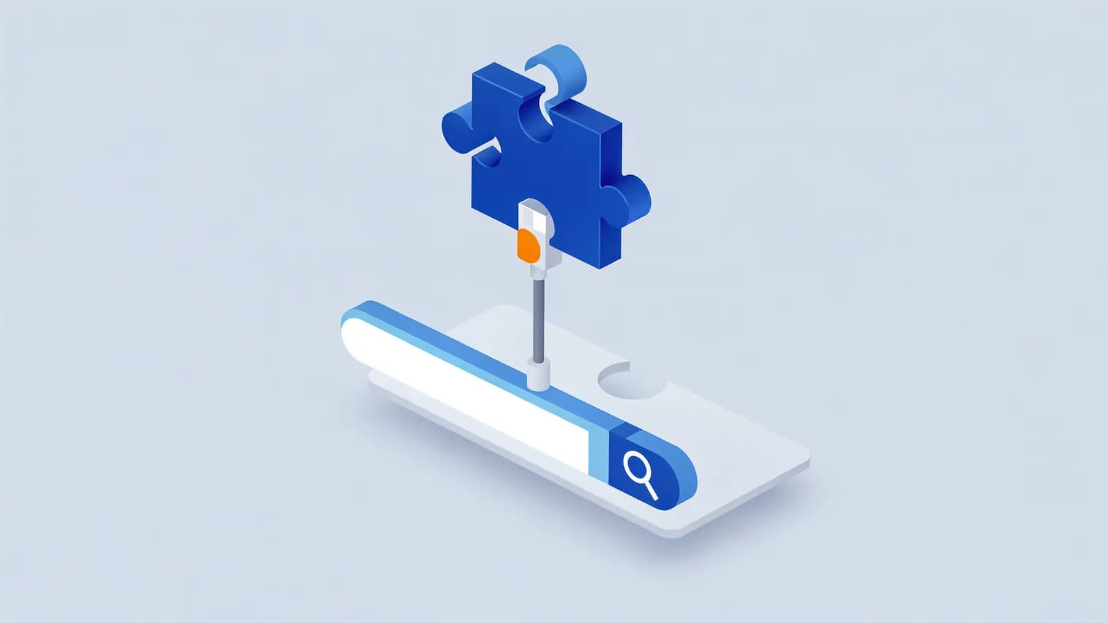 A puzzle piece connects to a search bar with an illuminated element, representing a keyword used in a search query.