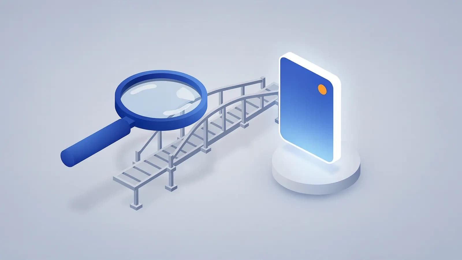 Magnifying glass connects via a bridge to a glowing content block, symbolizing discovery of a landing page.