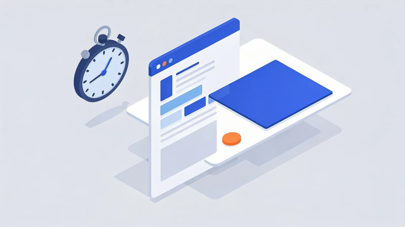 Stopwatch next to a browser window displaying content blocks, with a large blue block, symbolizing Largest Contentful Paint.